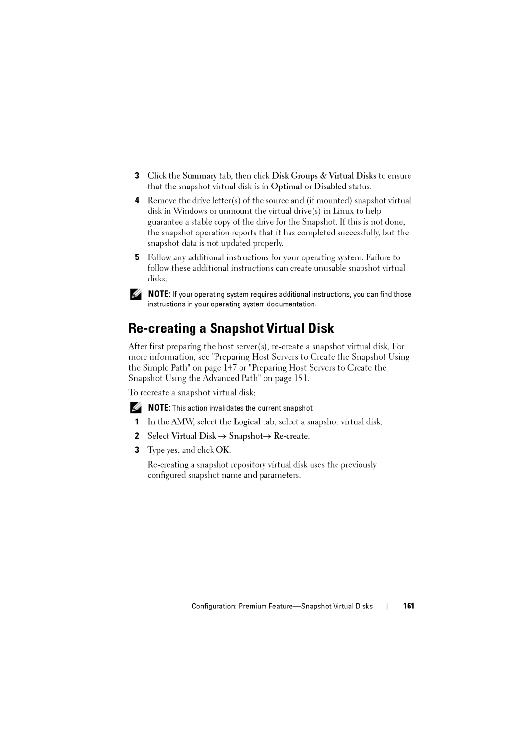 Dell MD3200i, MD3220i owner manual Re-creating a Snapshot Virtual Disk, Select Virtual Disk → Snapshot→ Re-create, 161 