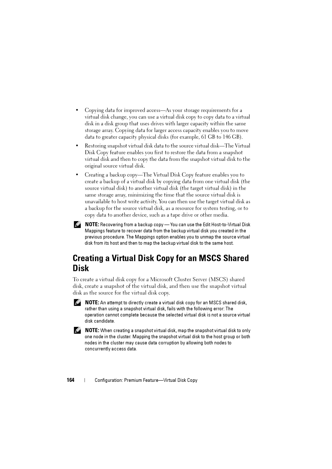 Dell MD3220i, MD3200i owner manual Creating a Virtual Disk Copy for an Mscs Shared Disk, 164 