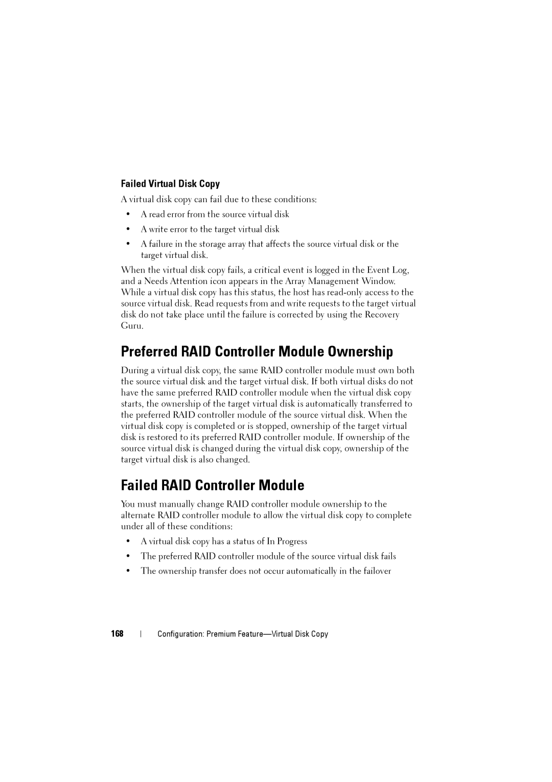 Dell MD3220i Preferred RAID Controller Module Ownership, Failed RAID Controller Module, Failed Virtual Disk Copy, 168 