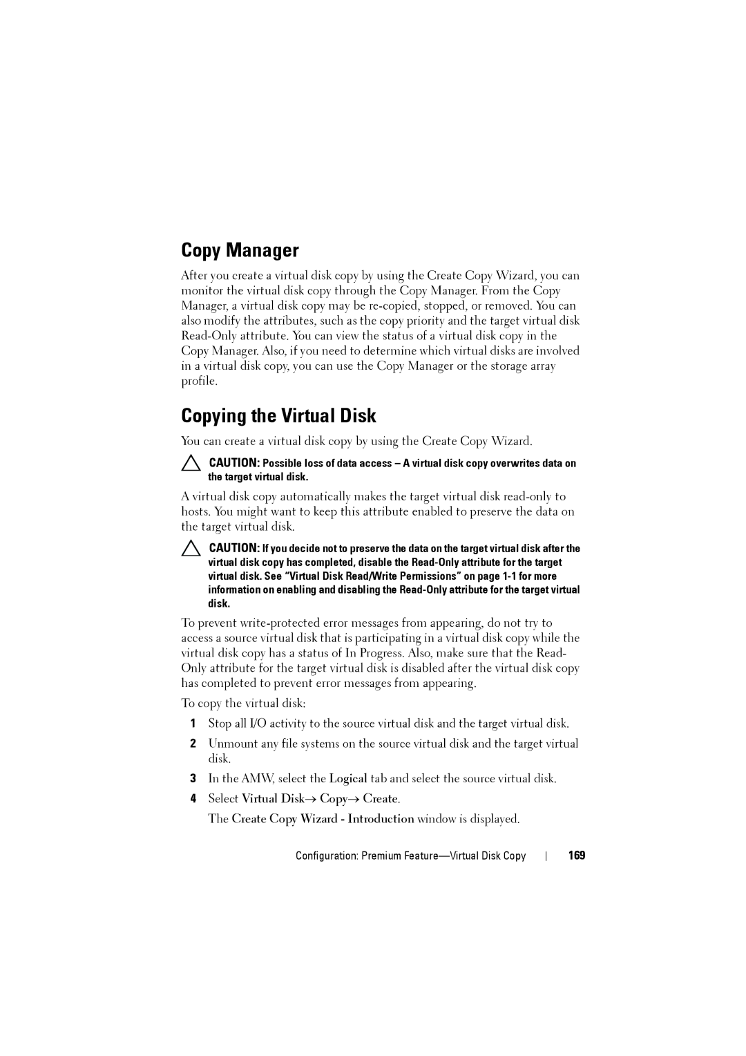 Dell MD3200i, MD3220i owner manual Copy Manager, Copying the Virtual Disk, 169 