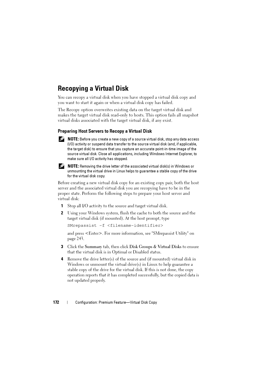 Dell MD3220i, MD3200i owner manual Recopying a Virtual Disk, Preparing Host Servers to Recopy a Virtual Disk, 172 