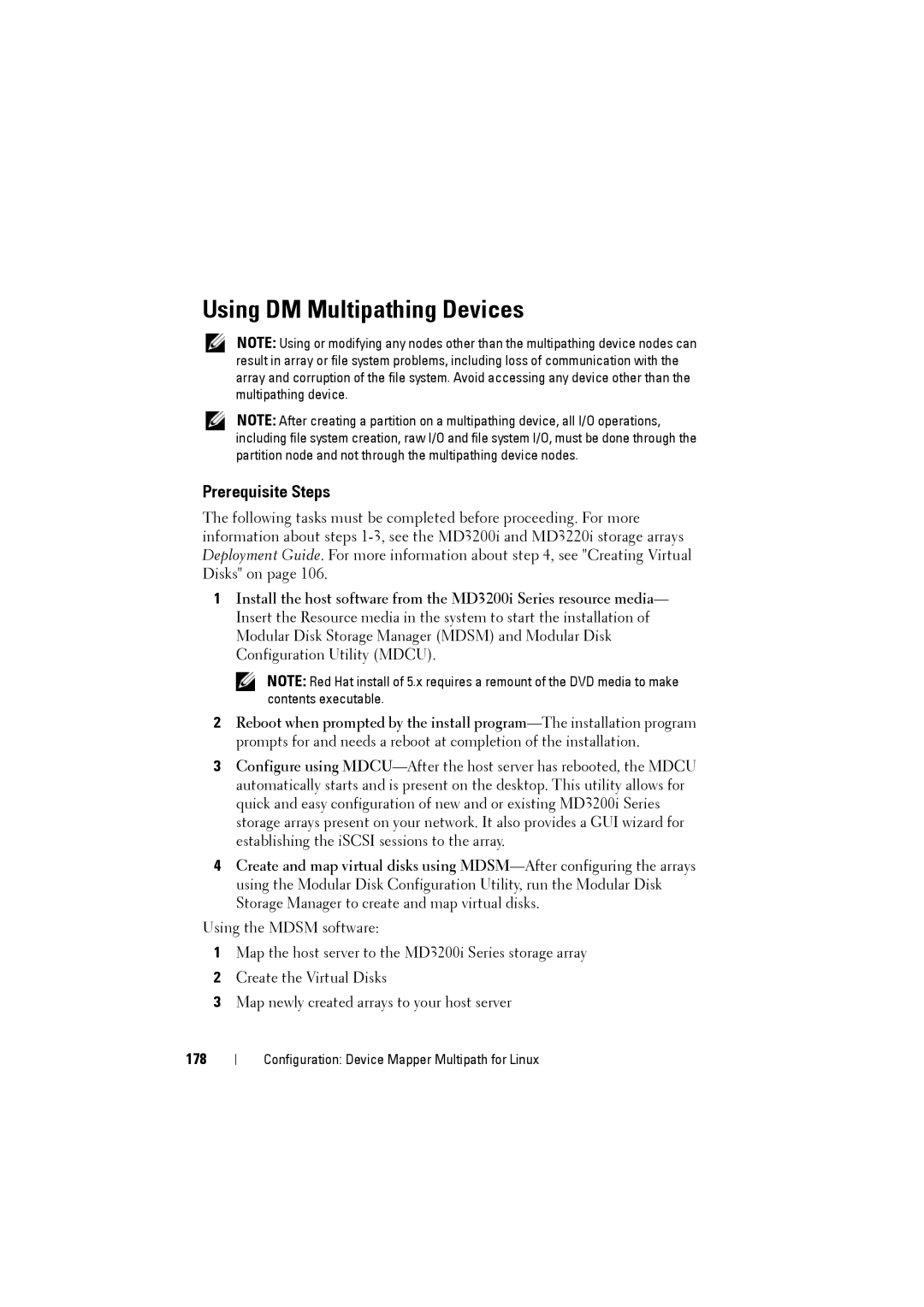 Dell MD3220i, MD3200i owner manual Using DM Multipathing Devices, Prerequisite Steps, 178 