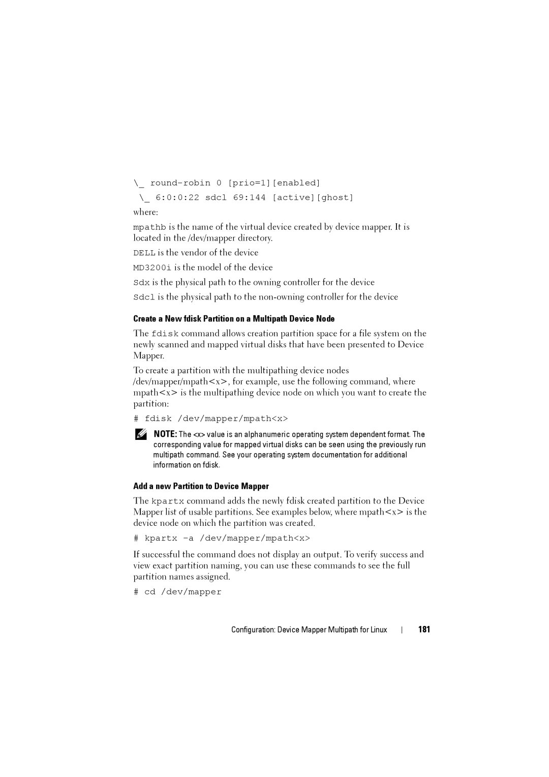 Dell MD3200i, MD3220i Create a New fdisk Partition on a Multipath Device Node, Add a new Partition to Device Mapper, 181 