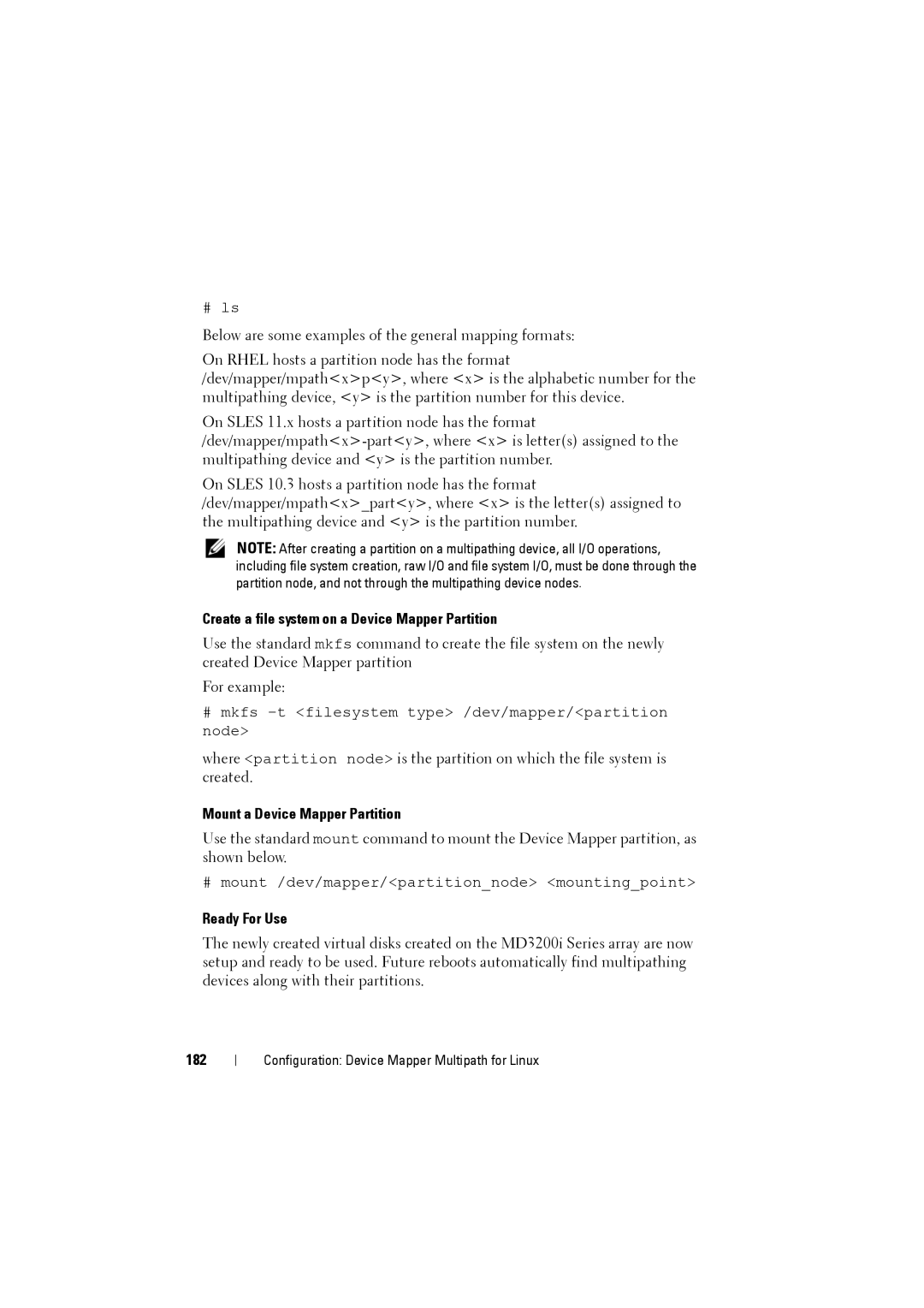 Dell MD3220i Create a file system on a Device Mapper Partition, Mount a Device Mapper Partition, Ready For Use, 182 