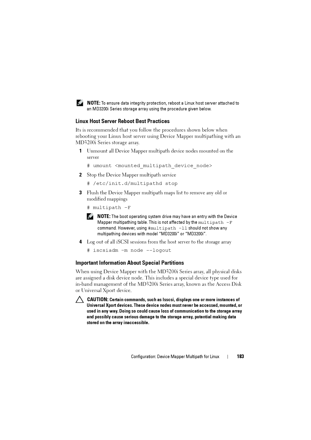 Dell MD3200i, MD3220i Linux Host Server Reboot Best Practices, Important Information About Special Partitions, 183 