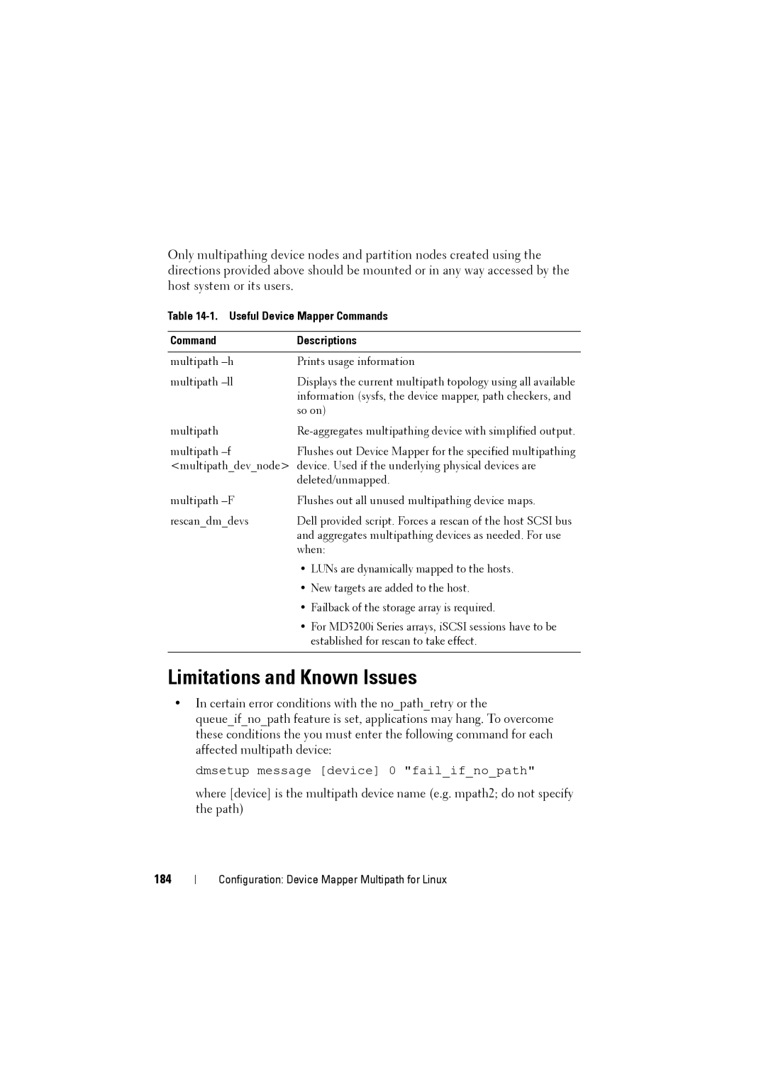 Dell MD3220i, MD3200i owner manual Limitations and Known Issues, 184, Useful Device Mapper Commands Descriptions 