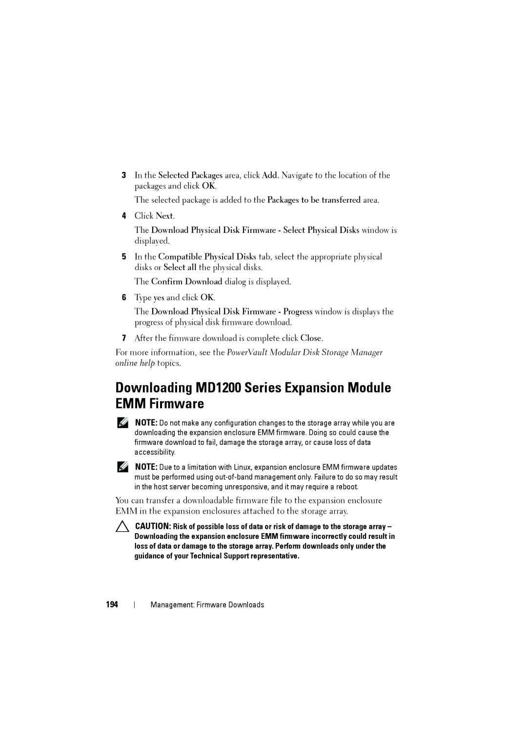 Dell MD3220i, MD3200i owner manual Downloading MD1200 Series Expansion Module EMM Firmware, 194 