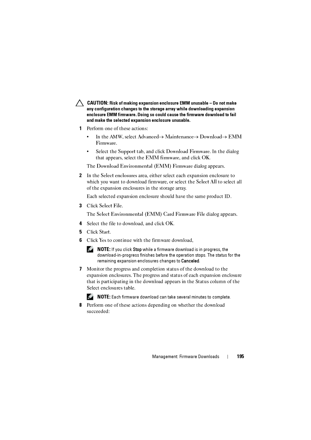 Dell MD3200i AMW, select Advanced→ Maintenance→ Download→ EMM Firmware, Download Environmental EMM Firmware dialog appears 