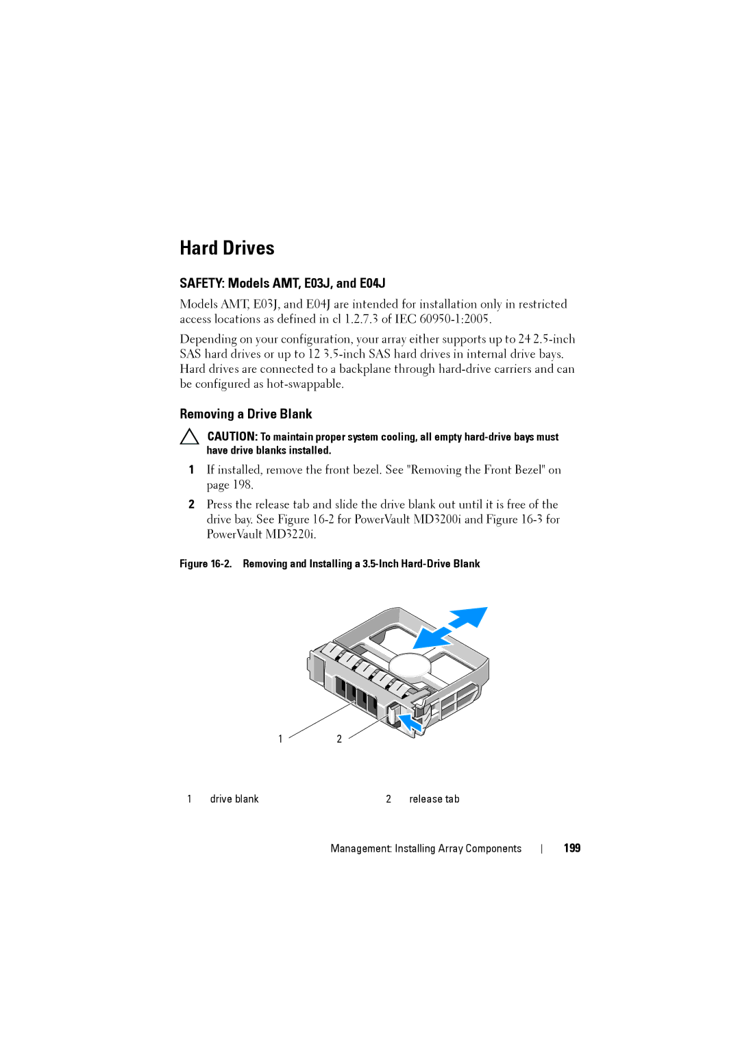 Dell MD3200i, MD3220i owner manual Hard Drives, Safety Models AMT, E03J, and E04J, Removing a Drive Blank, 199 