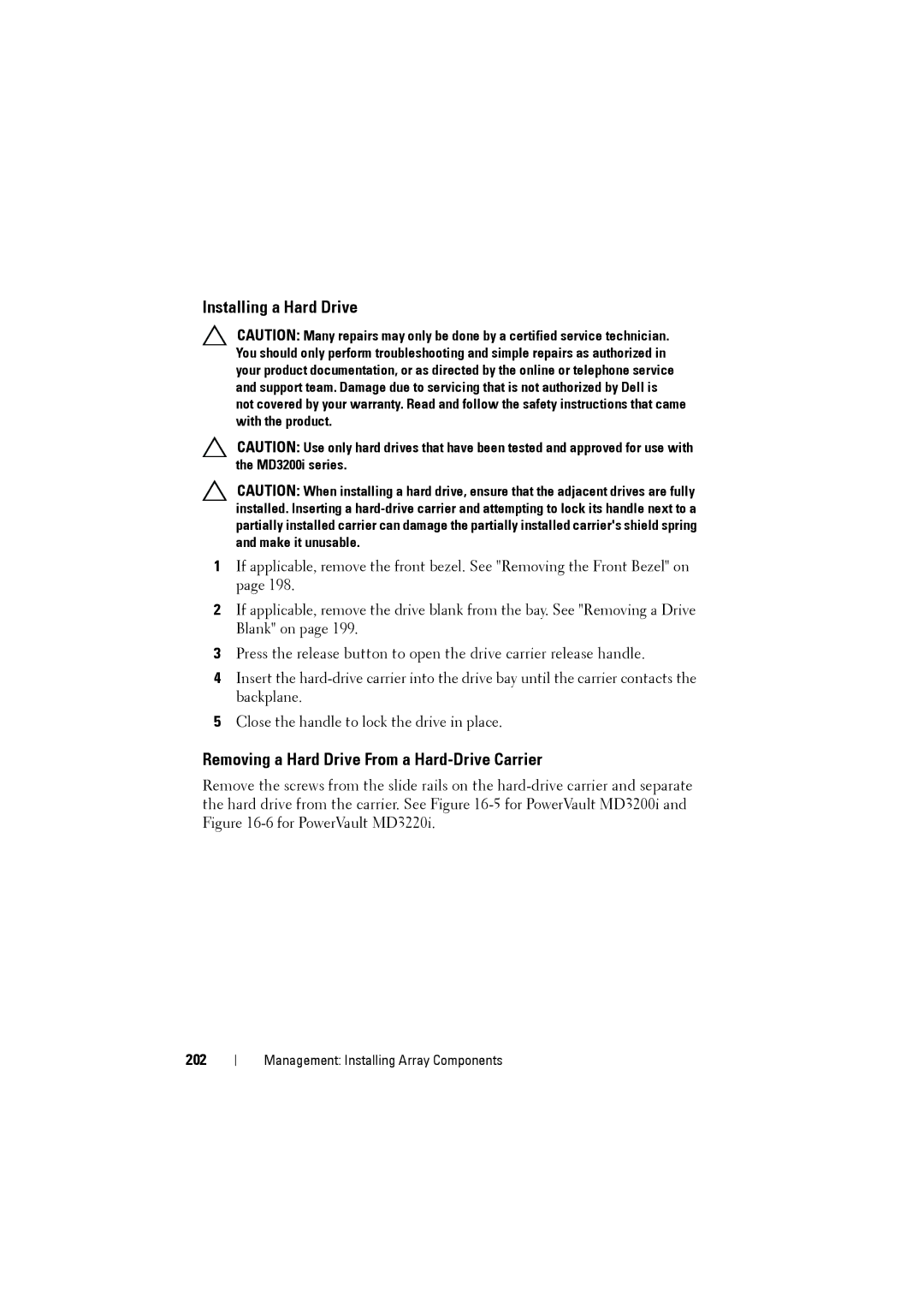 Dell MD3220i, MD3200i owner manual Installing a Hard Drive, Removing a Hard Drive From a Hard-Drive Carrier, 202 