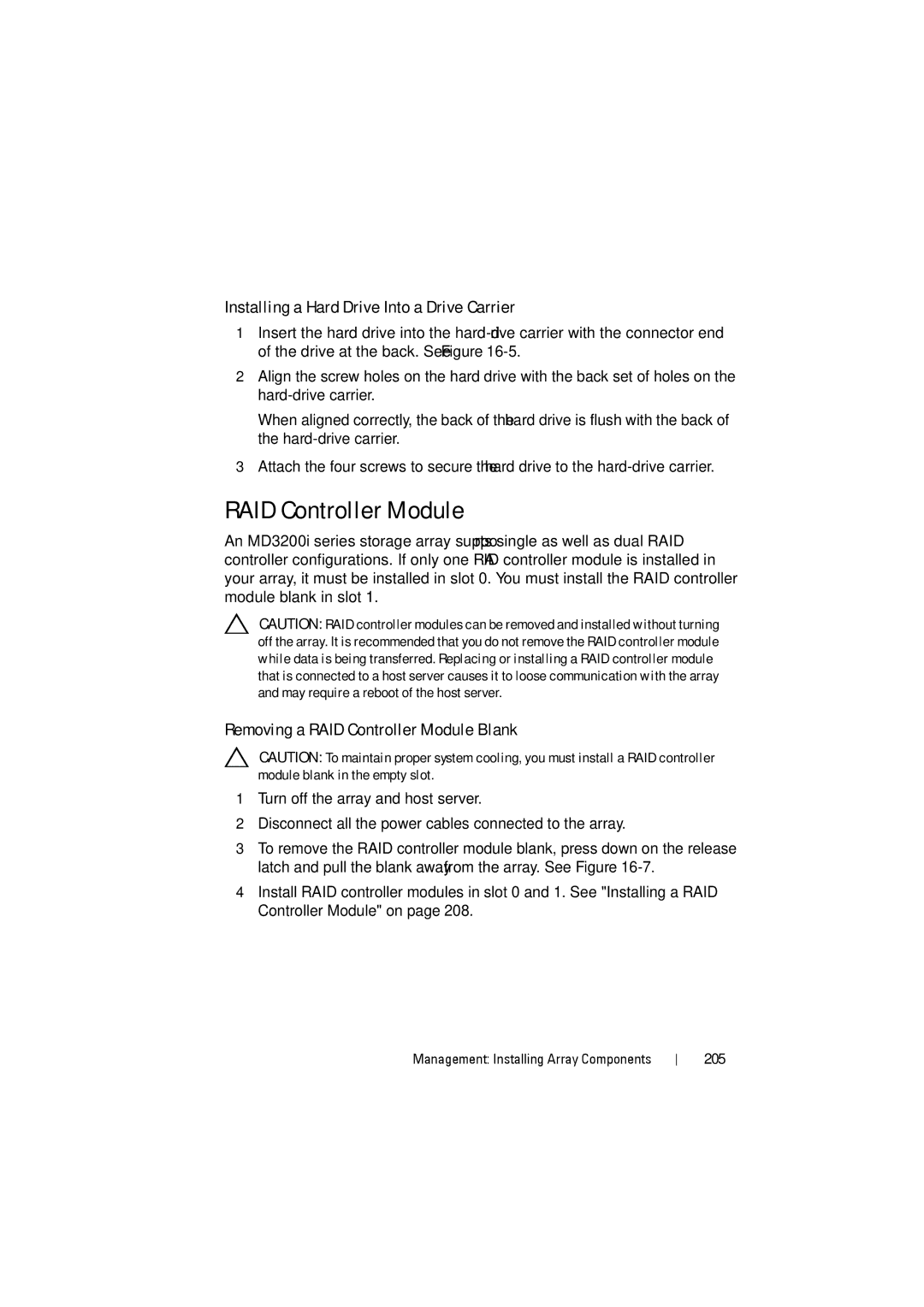 Dell MD3200i, MD3220i Installing a Hard Drive Into a Drive Carrier, Removing a RAID Controller Module Blank, 205 