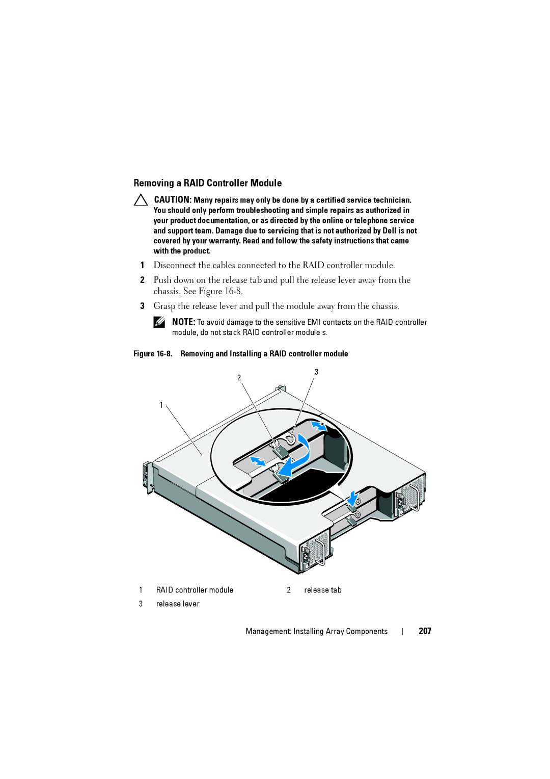 Dell MD3200i, MD3220i owner manual Removing a RAID Controller Module, 207 