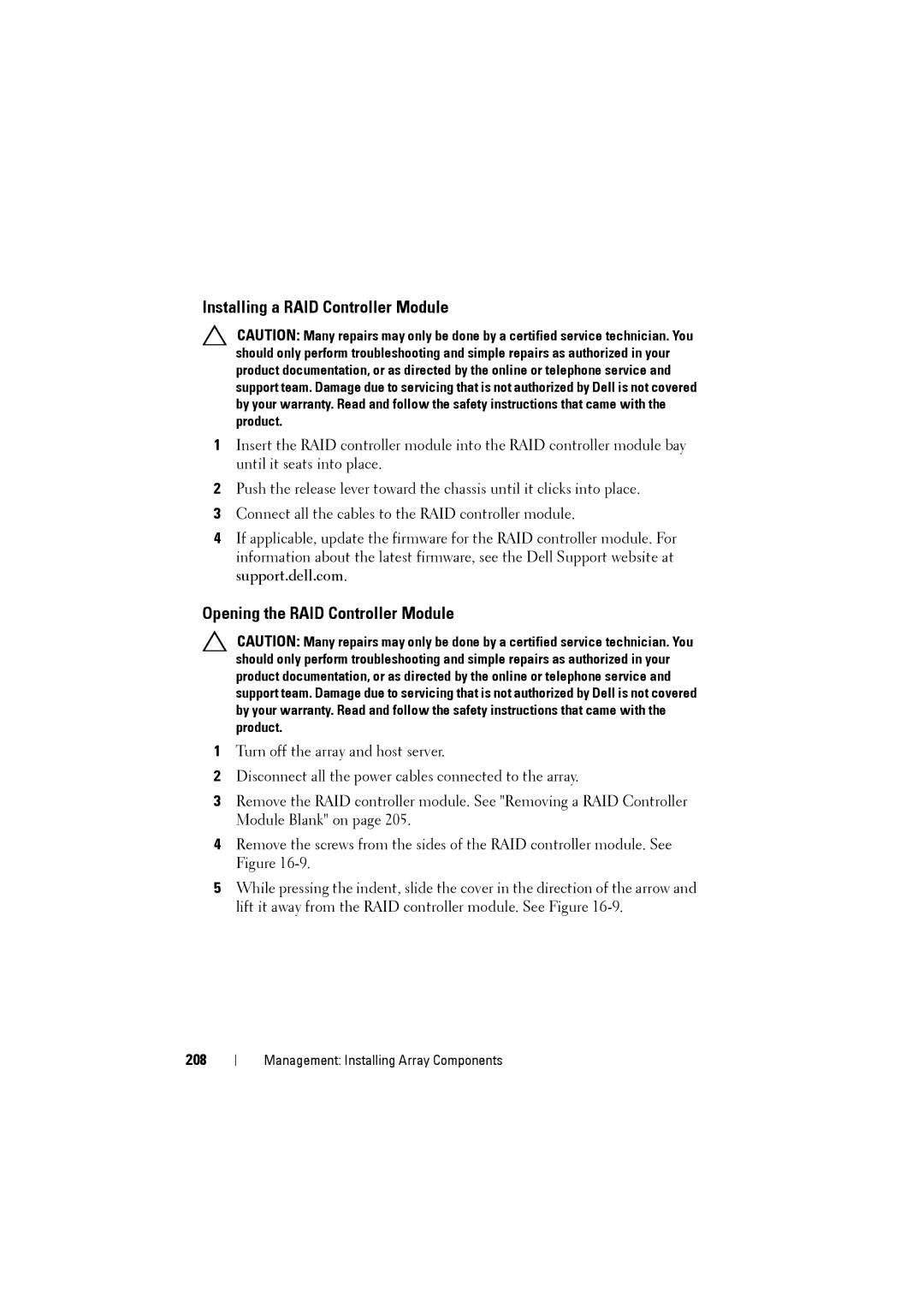 Dell MD3220i, MD3200i owner manual Installing a RAID Controller Module, Opening the RAID Controller Module, 208 