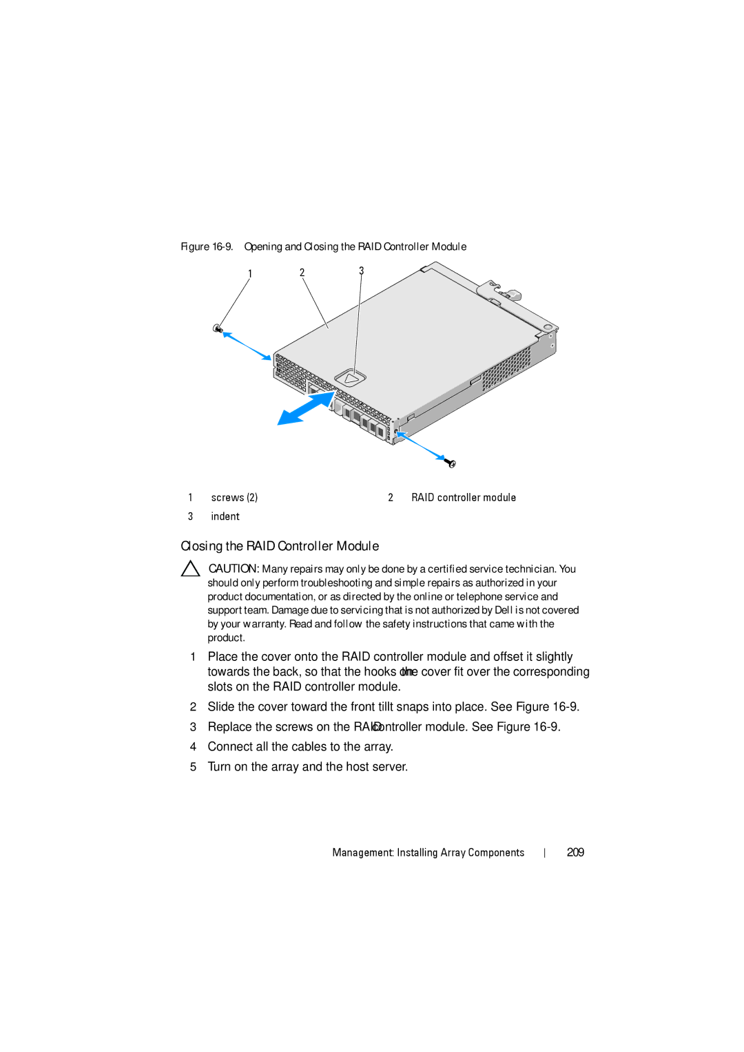 Dell MD3200i, MD3220i owner manual Closing the RAID Controller Module, 209 