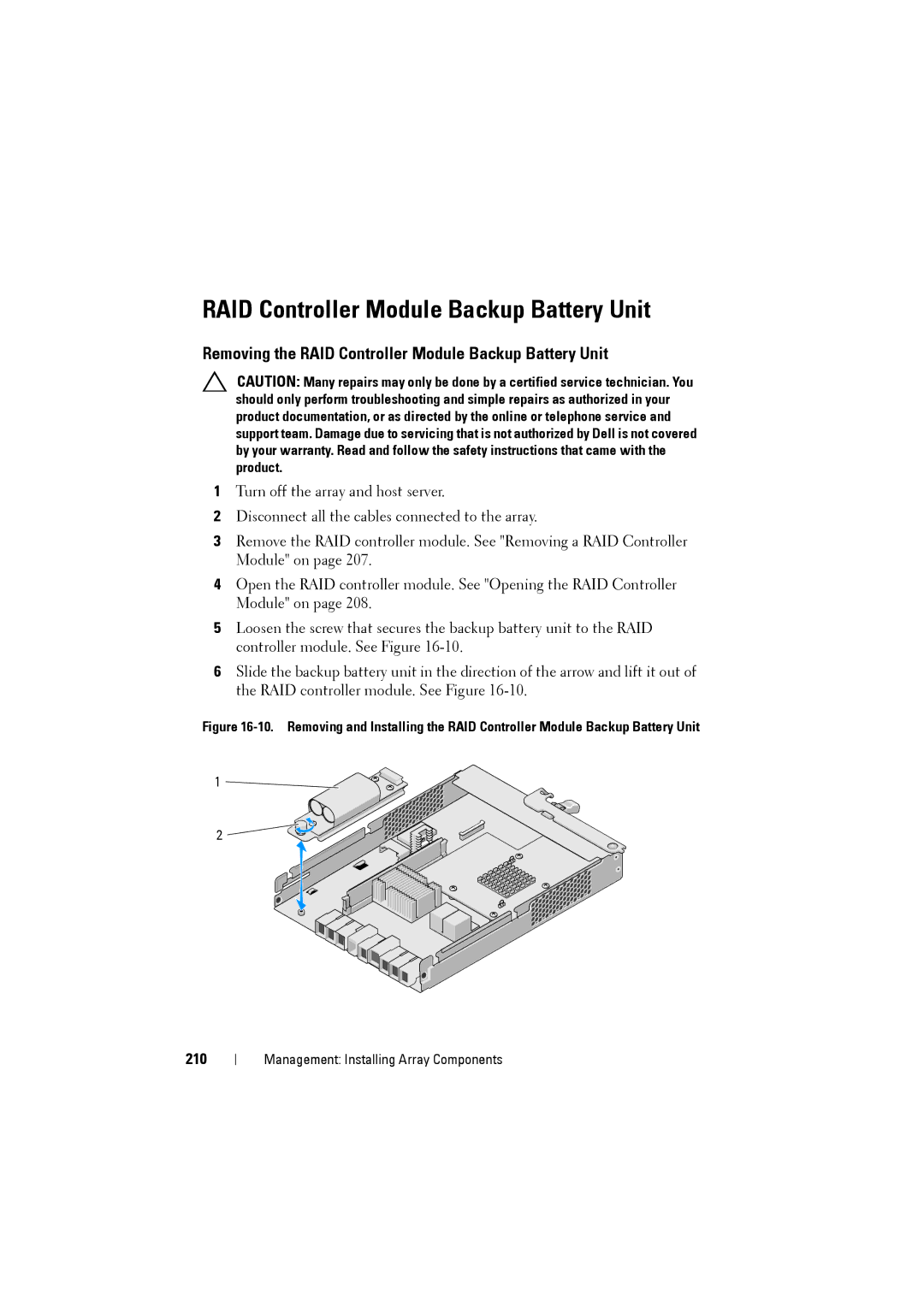 Dell MD3220i, MD3200i owner manual Removing the RAID Controller Module Backup Battery Unit, 210 