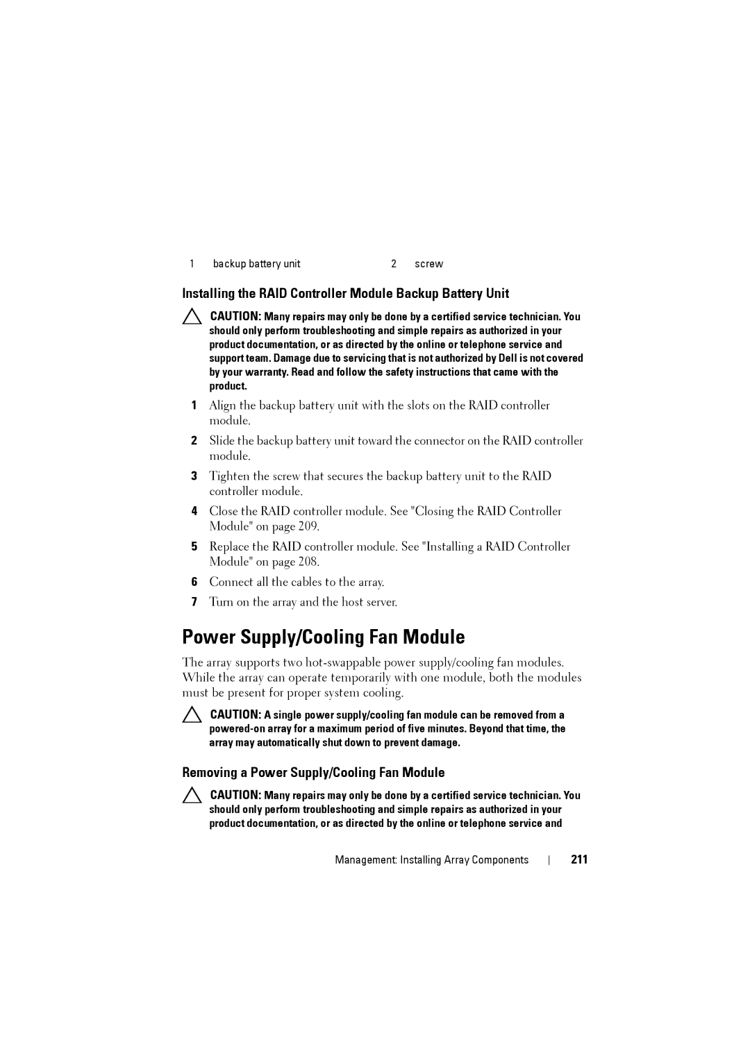 Dell MD3200i, MD3220i Power Supply/Cooling Fan Module, Installing the RAID Controller Module Backup Battery Unit, 211 