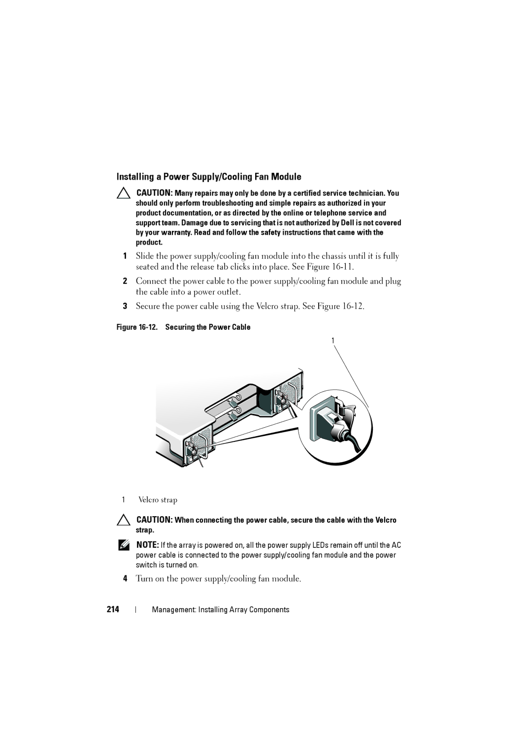 Dell MD3220i, MD3200i owner manual Installing a Power Supply/Cooling Fan Module, 214 