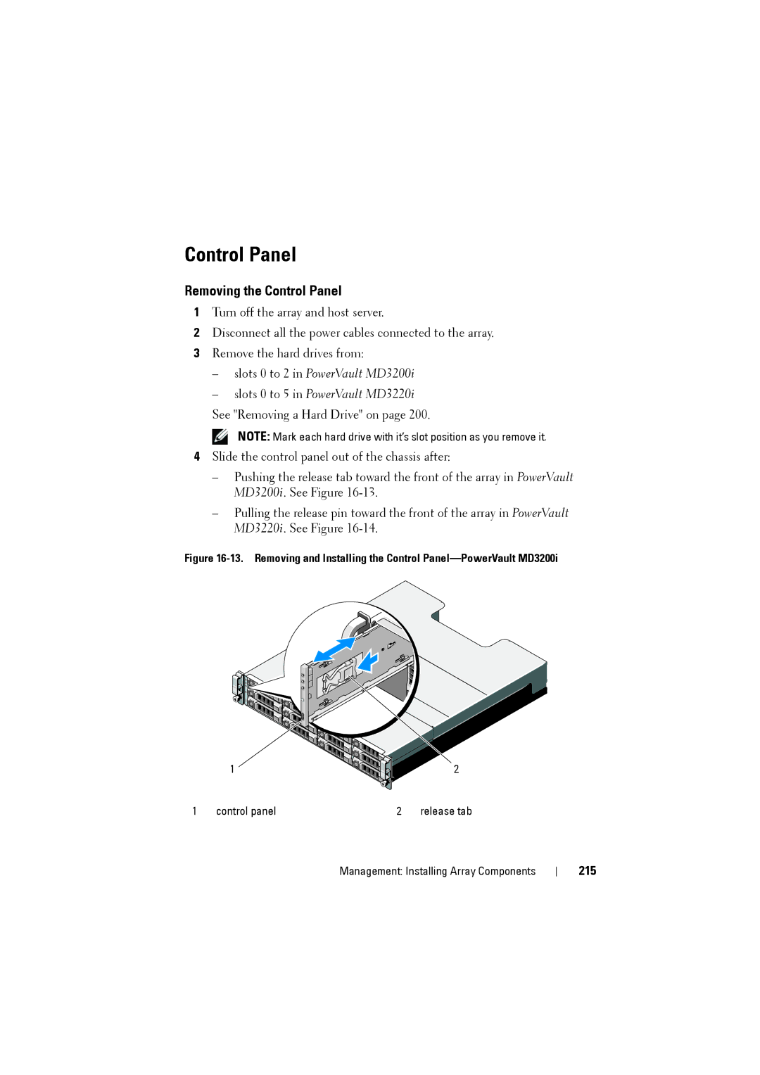 Dell MD3200i, MD3220i owner manual Removing the Control Panel, 215 