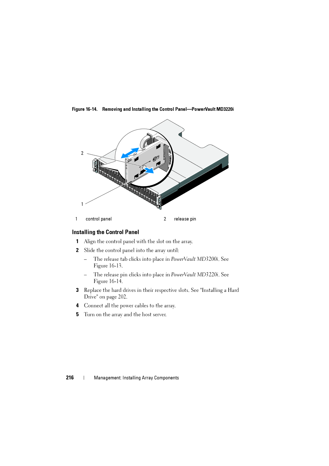 Dell MD3220i, MD3200i owner manual Installing the Control Panel, 216 