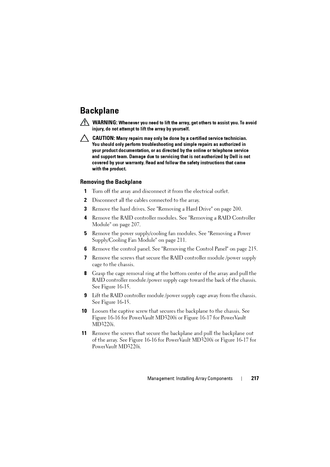 Dell MD3200i, MD3220i owner manual Removing the Backplane, 217 