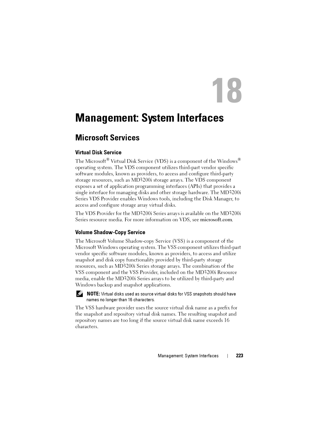 Dell MD3200i Management System Interfaces, Microsoft Services, Virtual Disk Service, Volume Shadow-Copy Service, 223 