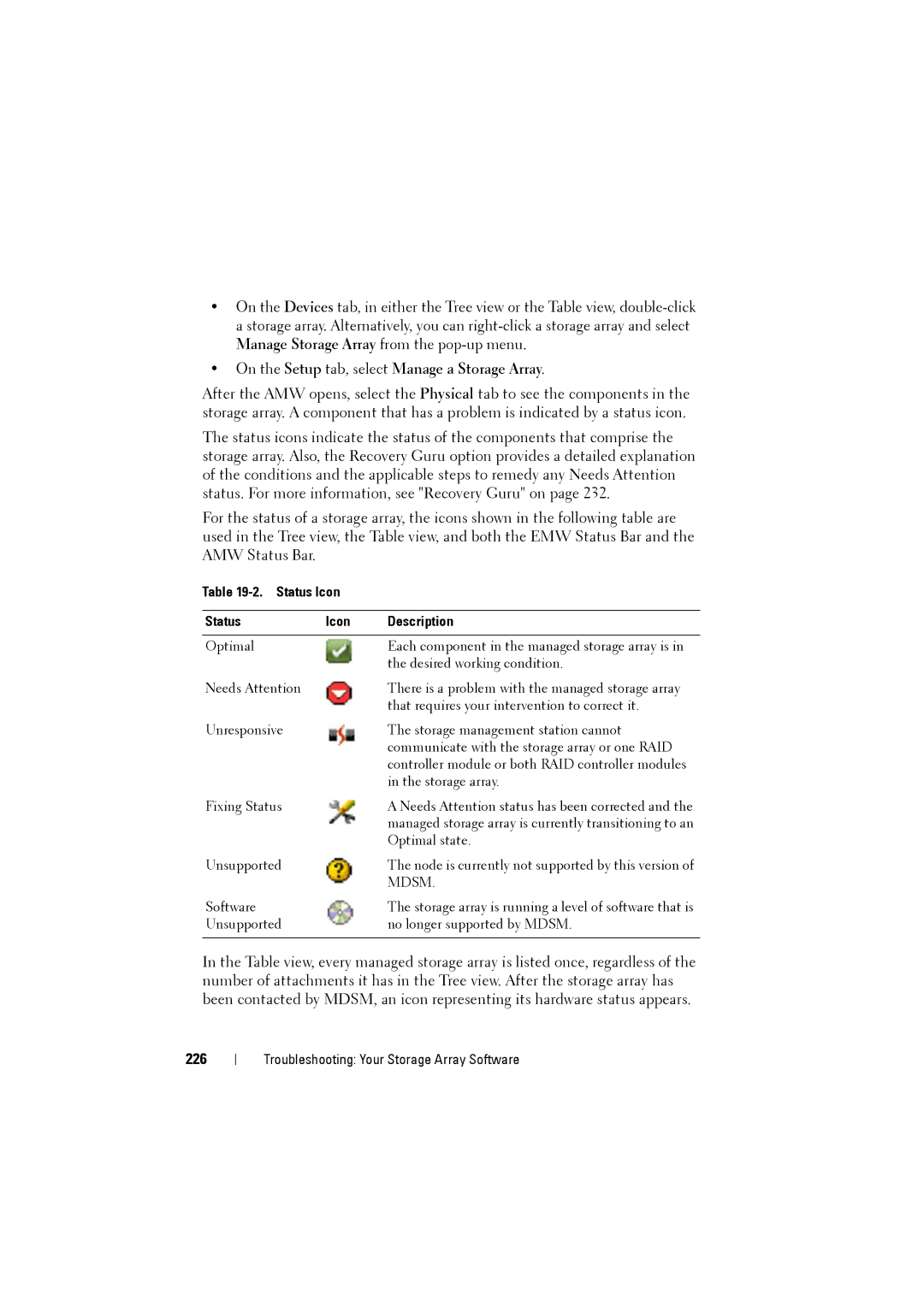 Dell MD3220i, MD3200i owner manual On the Setup tab, select Manage a Storage Array, 226, Status Icon Description 