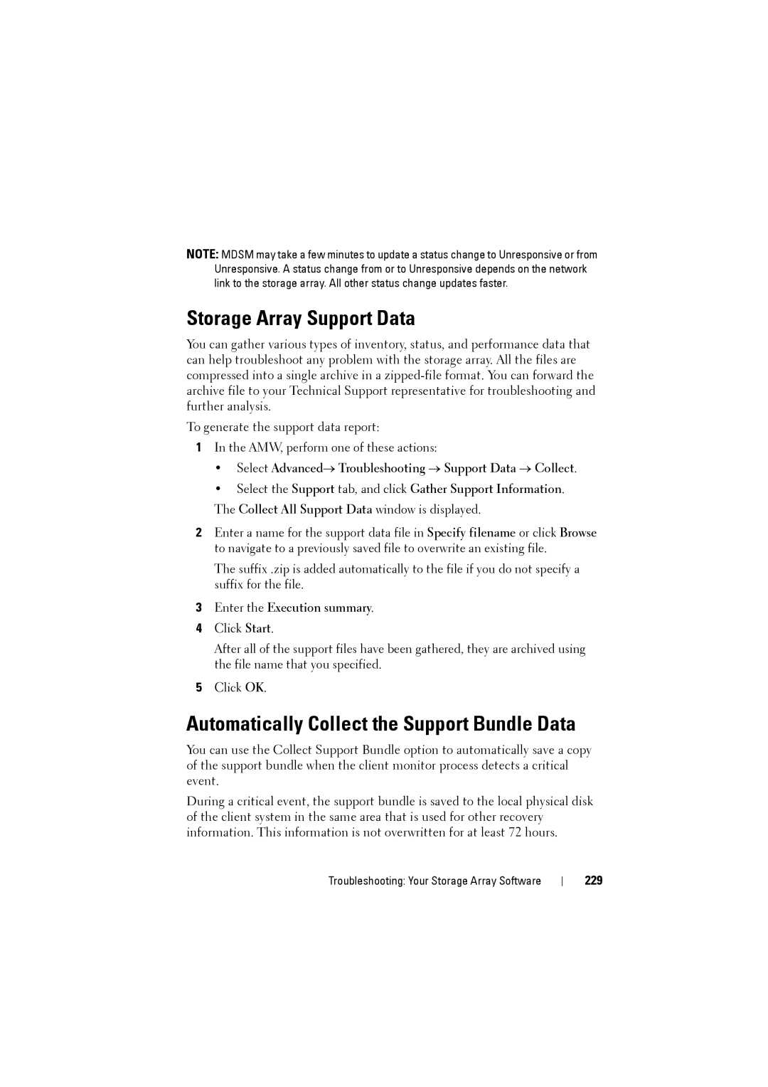 Dell MD3200i Storage Array Support Data, Automatically Collect the Support Bundle Data, Enter the Execution summary, 229 