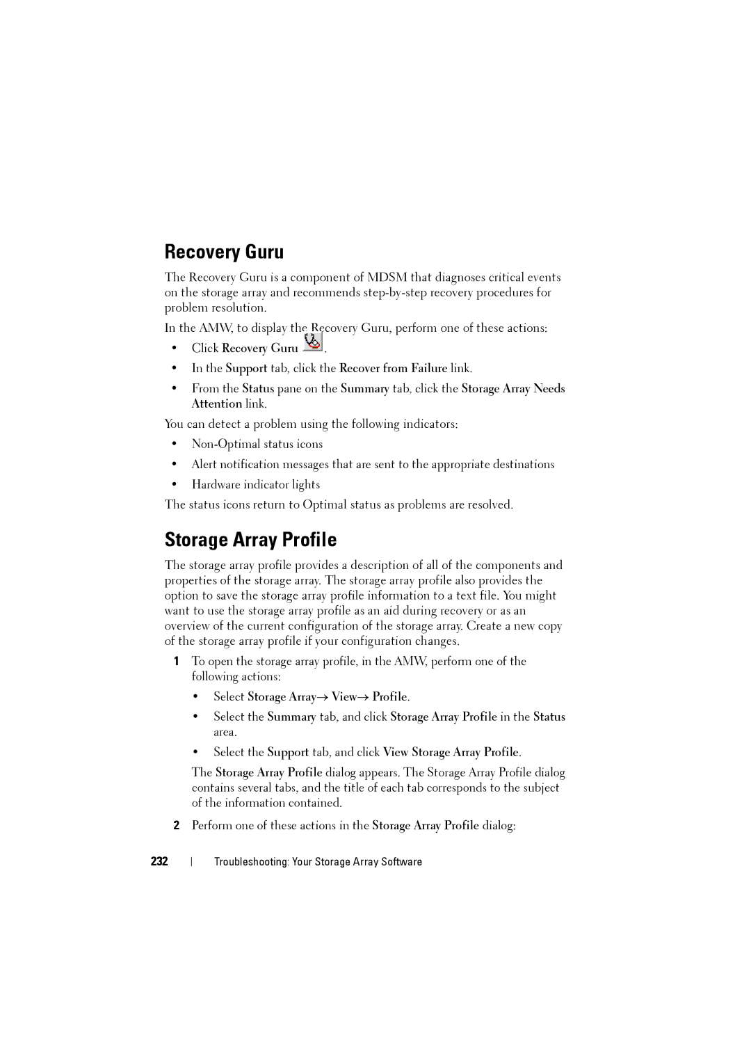 Dell MD3220i, MD3200i owner manual Recovery Guru, Storage Array Profile, Select Storage Array→ View→ Profile, 232 