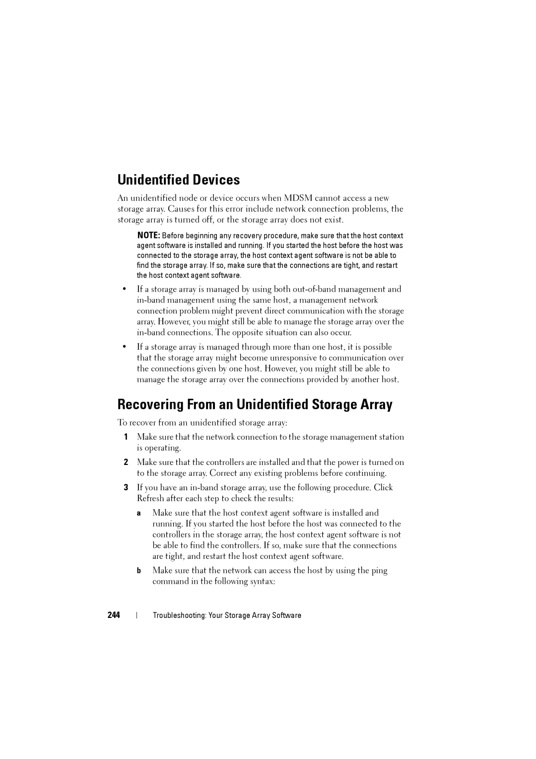 Dell MD3220i, MD3200i owner manual Unidentified Devices, Recovering From an Unidentified Storage Array, 244 