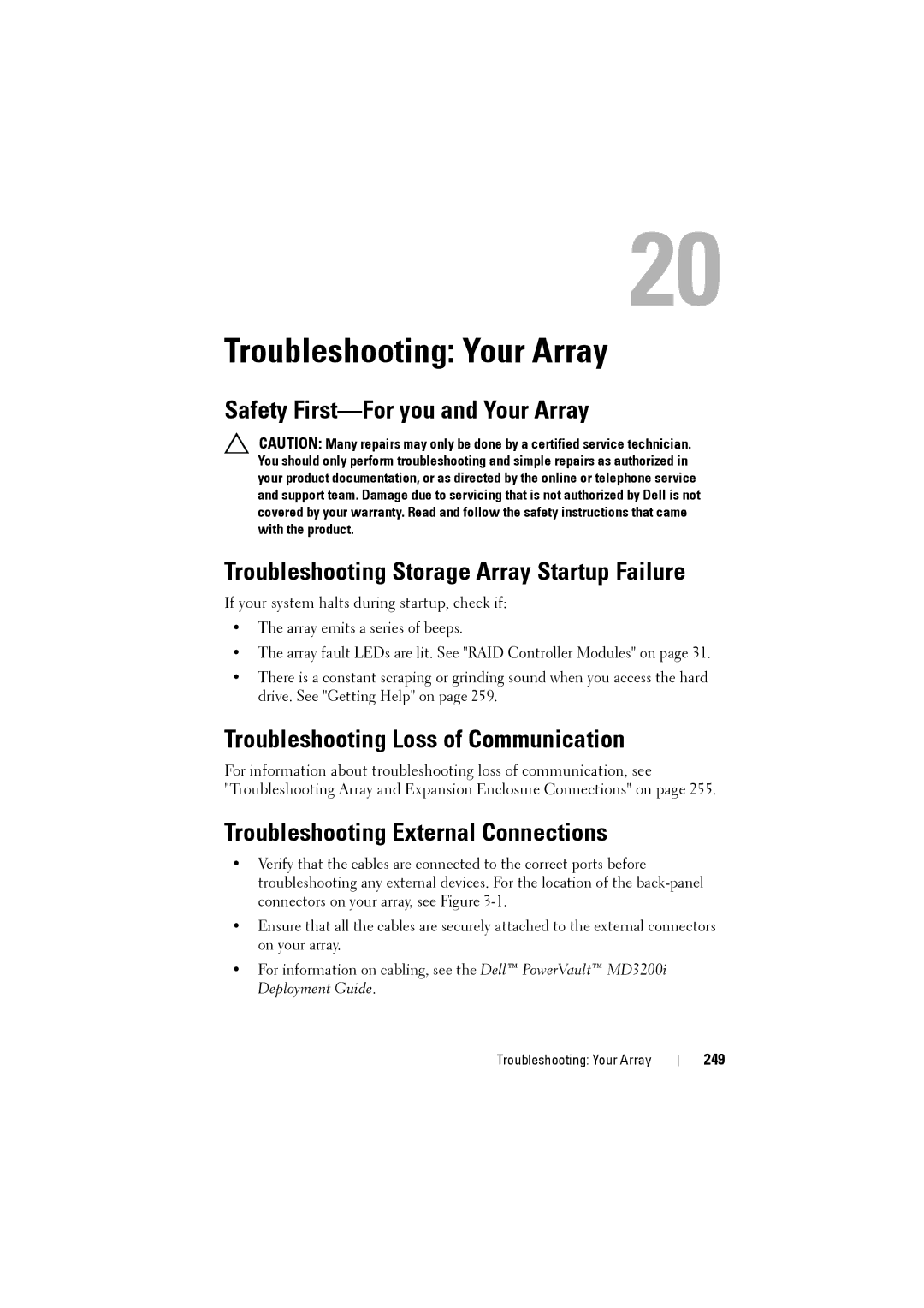 Dell MD3200i Troubleshooting Your Array, Troubleshooting Loss of Communication, Troubleshooting External Connections, 249 