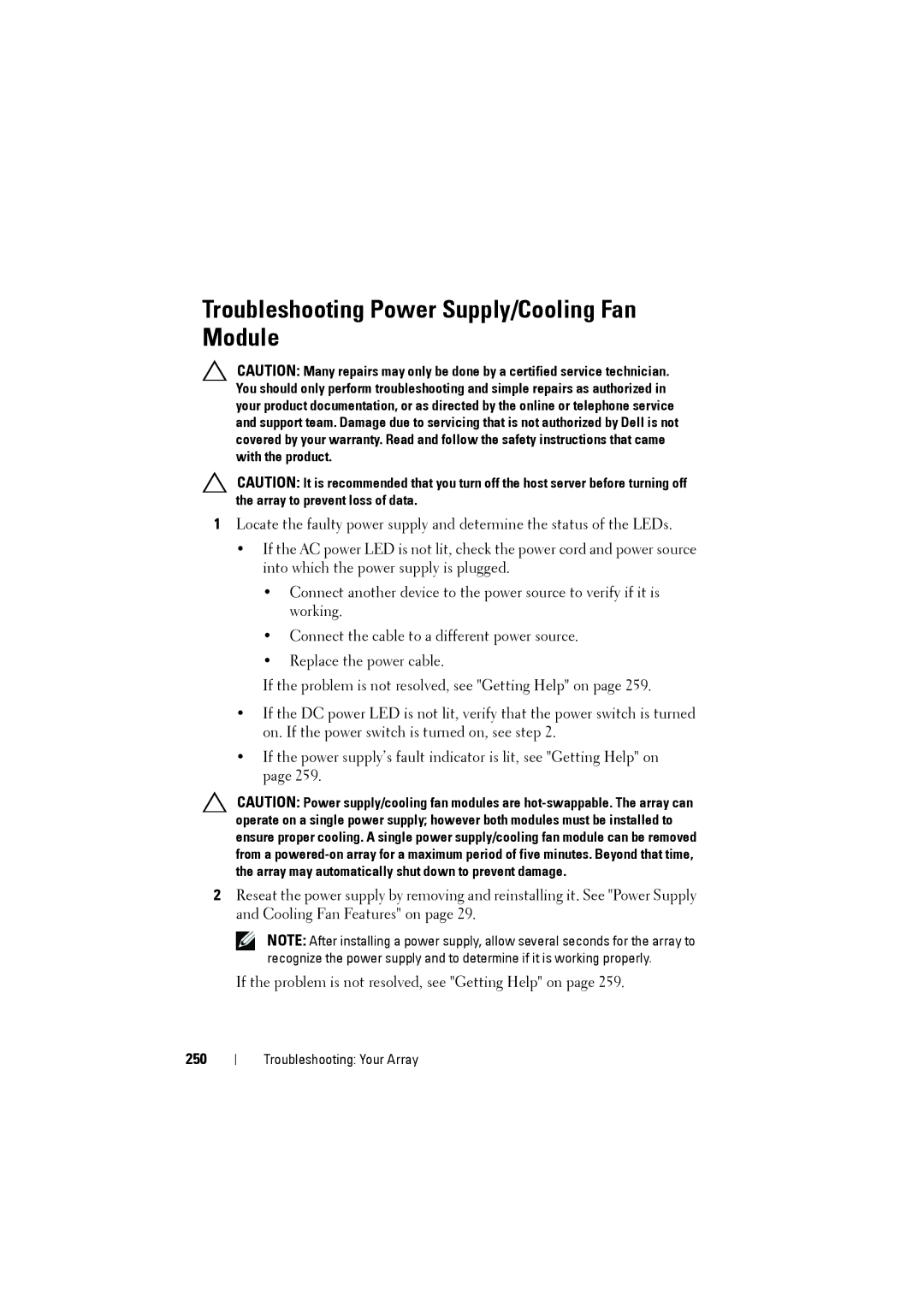 Dell MD3220i, MD3200i owner manual Troubleshooting Power Supply/Cooling Fan Module, 250 