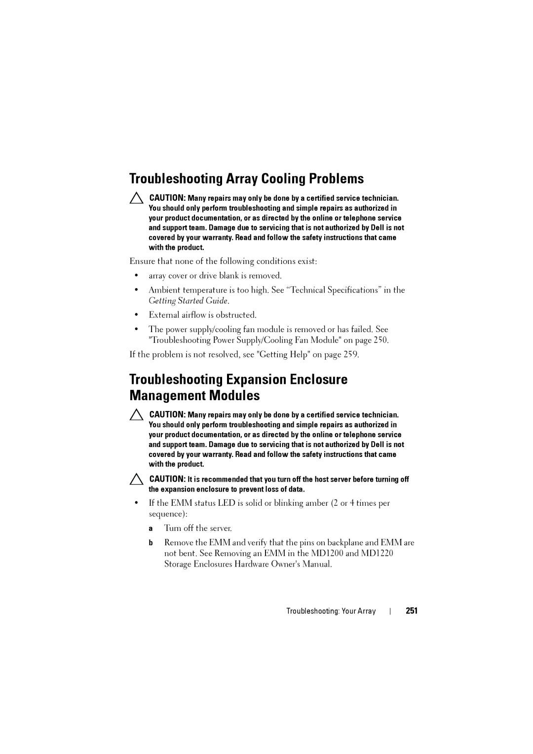 Dell MD3200i, MD3220i Troubleshooting Array Cooling Problems, Troubleshooting Expansion Enclosure Management Modules, 251 