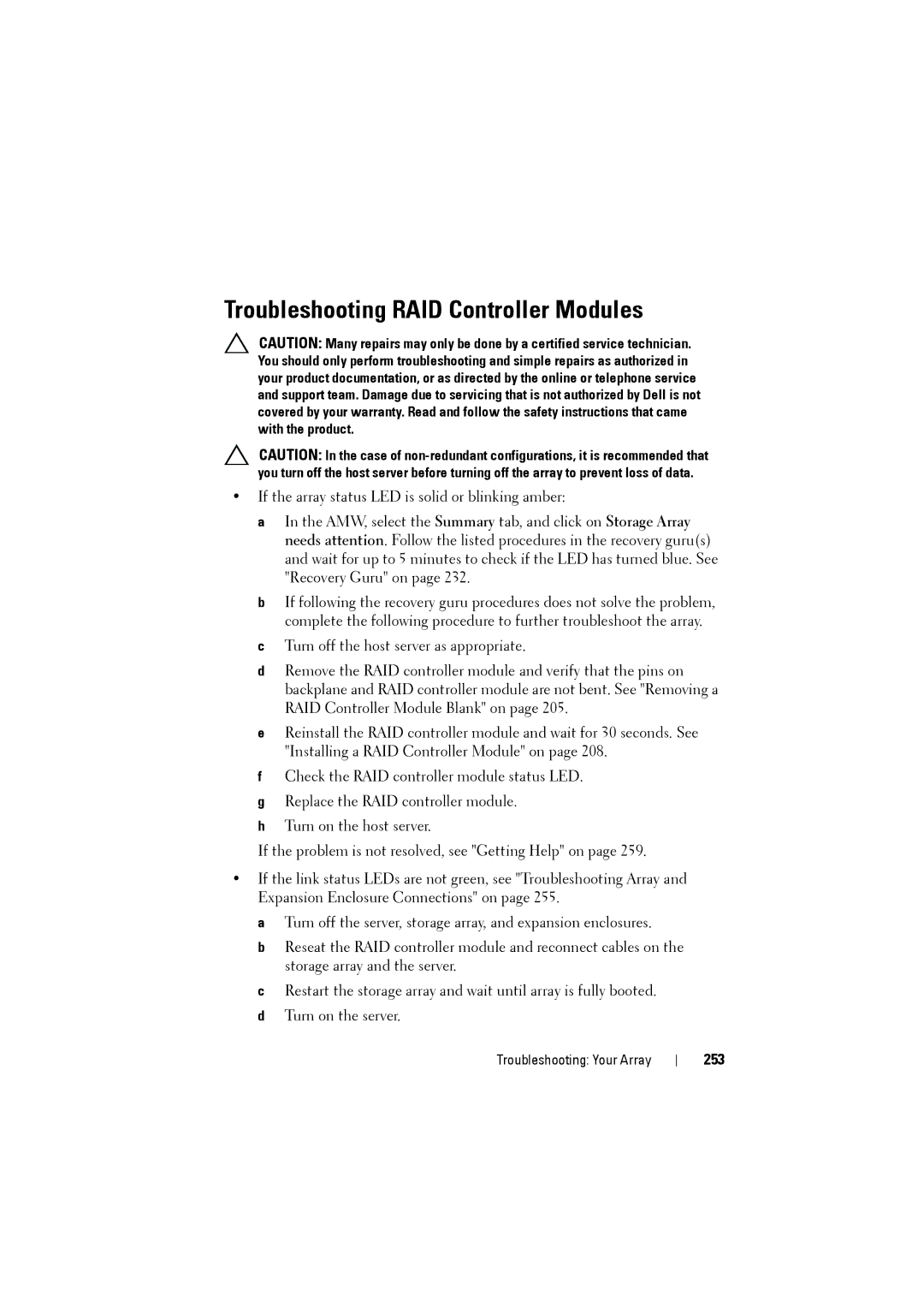 Dell MD3200i, MD3220i owner manual Troubleshooting RAID Controller Modules, 253 