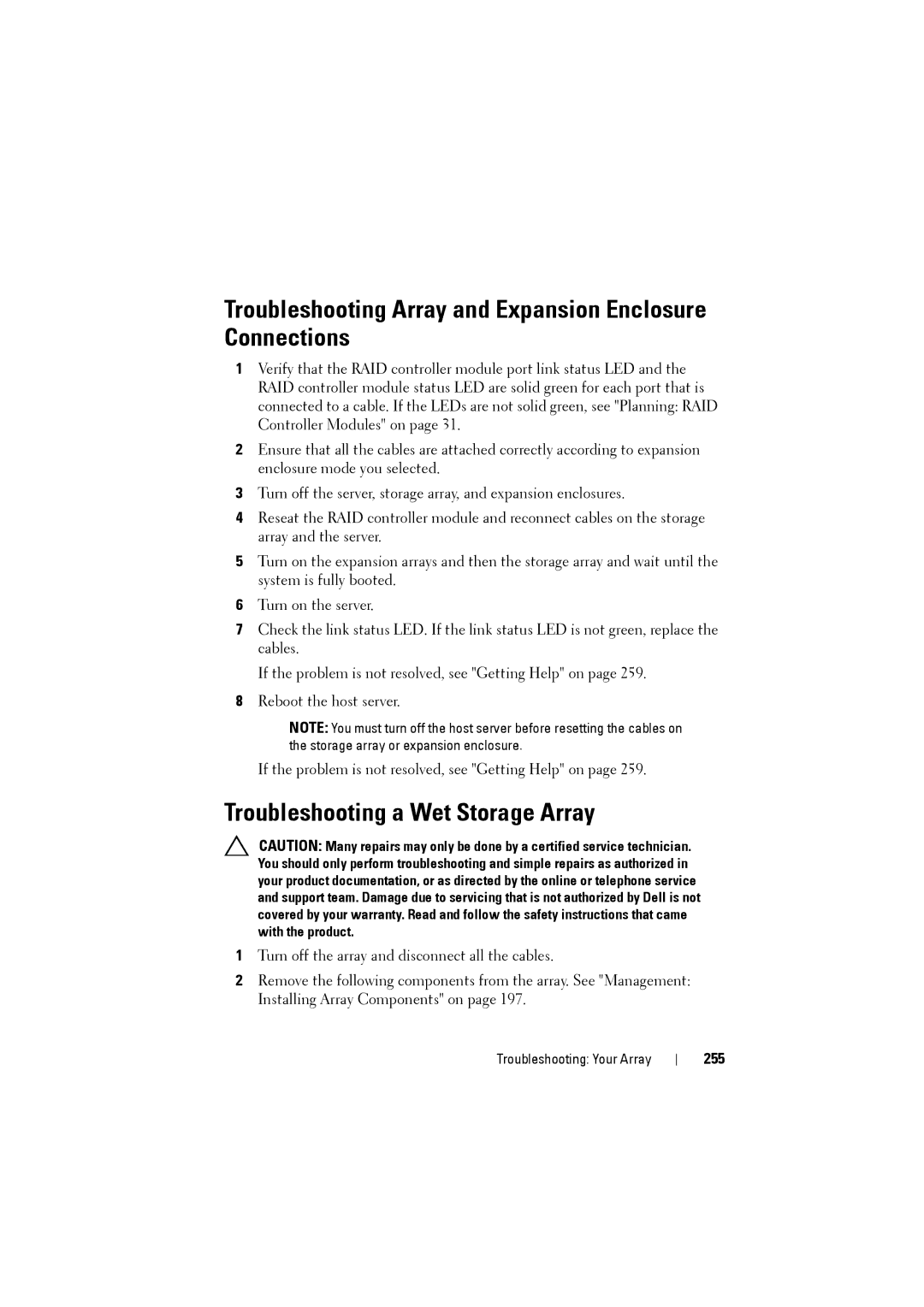 Dell MD3200i, MD3220i Troubleshooting Array and Expansion Enclosure Connections, Troubleshooting a Wet Storage Array, 255 