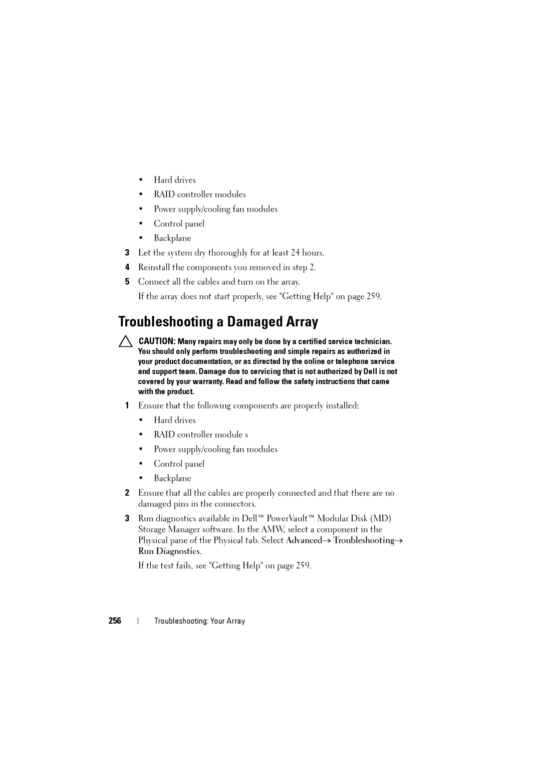 Dell MD3220i, MD3200i owner manual Troubleshooting a Damaged Array, 256 