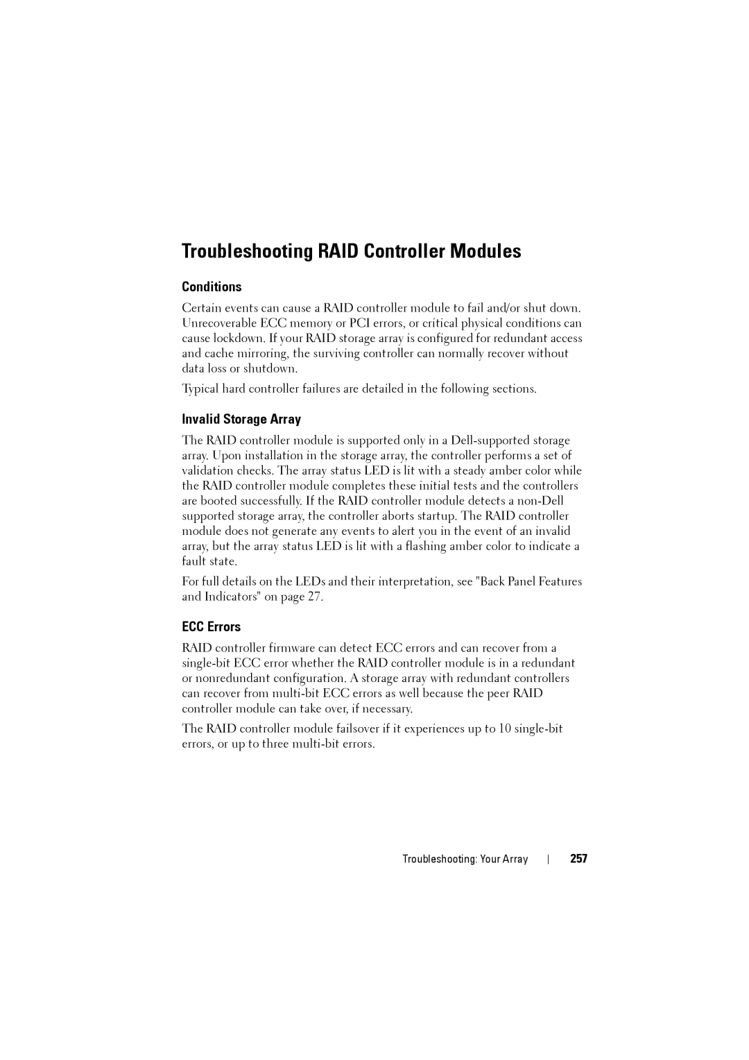 Dell MD3200i, MD3220i owner manual Conditions, Invalid Storage Array, ECC Errors, 257 