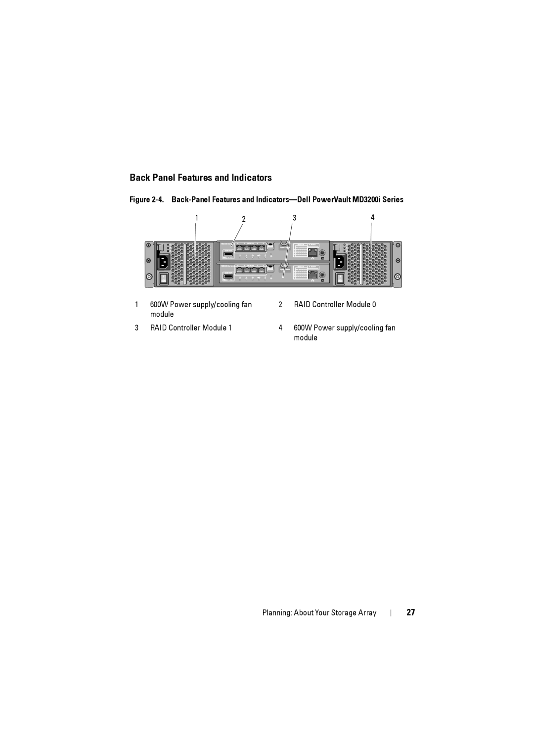 Dell MD3200i, MD3220i owner manual Back Panel Features and Indicators 