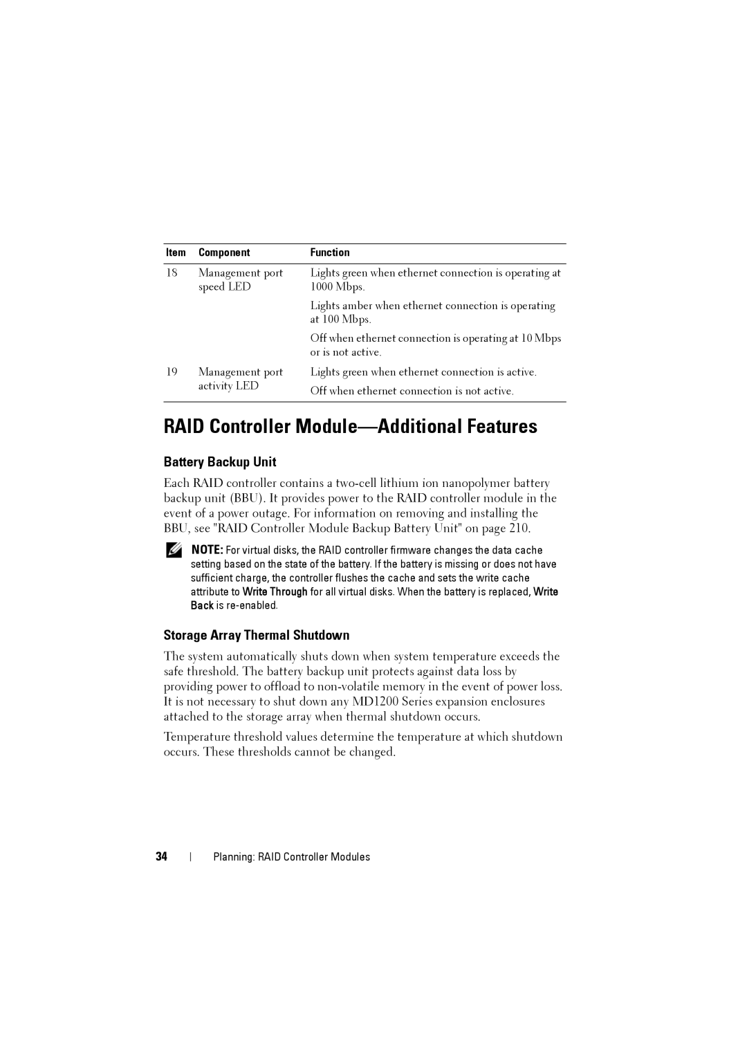 Dell MD3220i, MD3200i RAID Controller Module-Additional Features, Battery Backup Unit, Storage Array Thermal Shutdown 