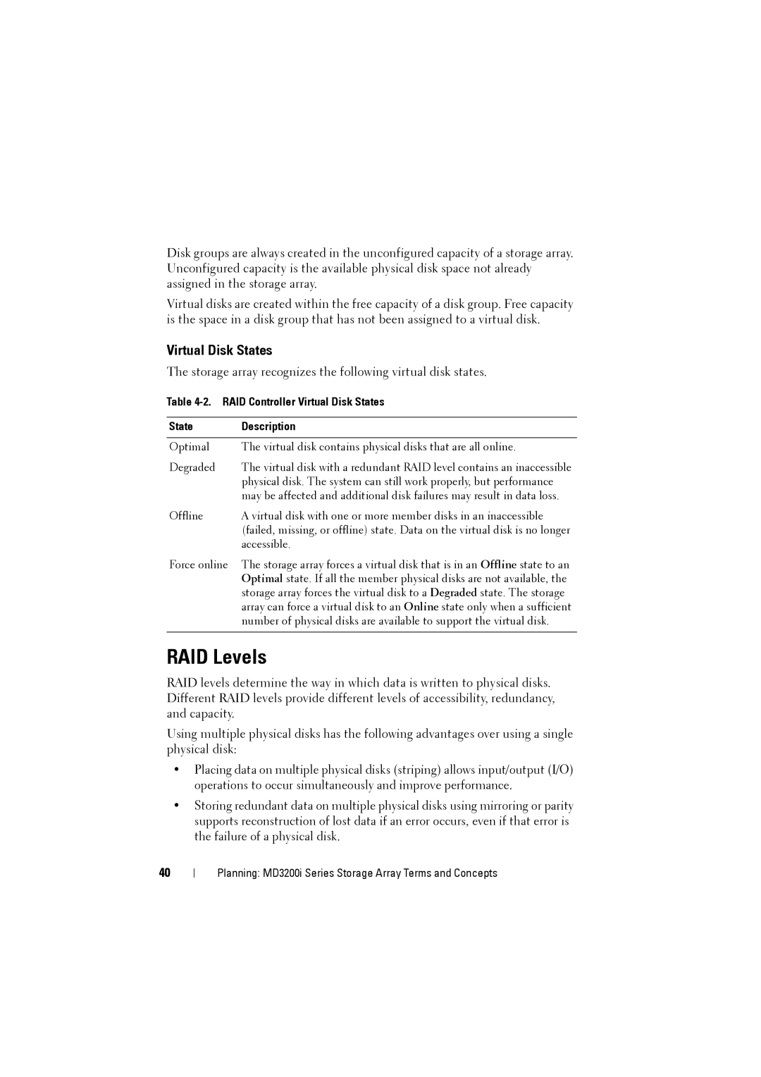 Dell MD3220i, MD3200i owner manual RAID Levels, RAID Controller Virtual Disk States Description 