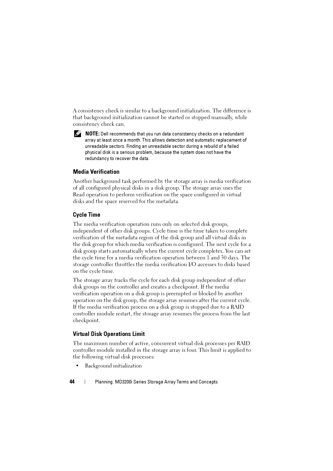 Dell MD3220i, MD3200i owner manual Media Verification, Cycle Time, Virtual Disk Operations Limit 