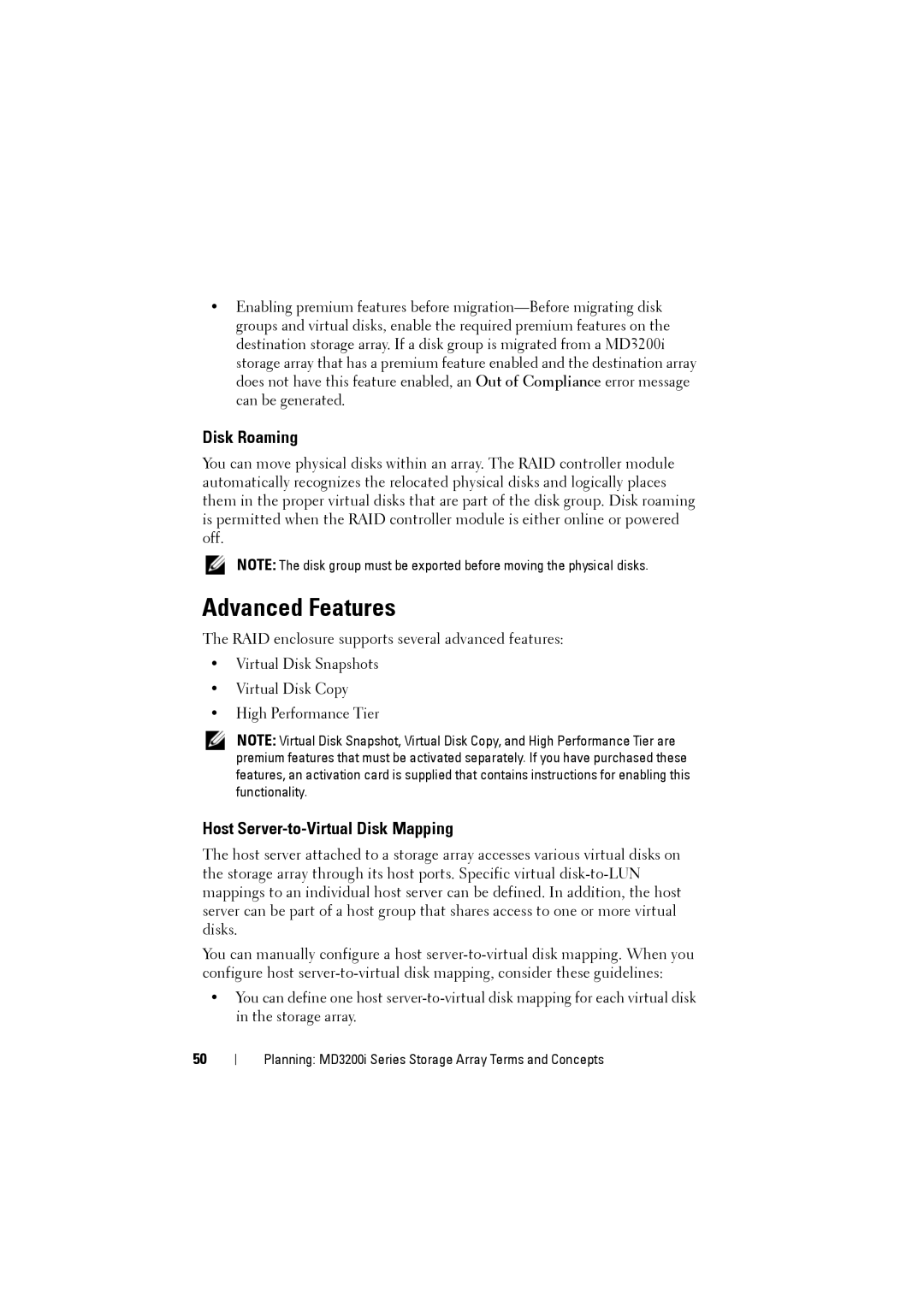 Dell MD3220i, MD3200i owner manual Advanced Features, Disk Roaming, Host Server-to-Virtual Disk Mapping 