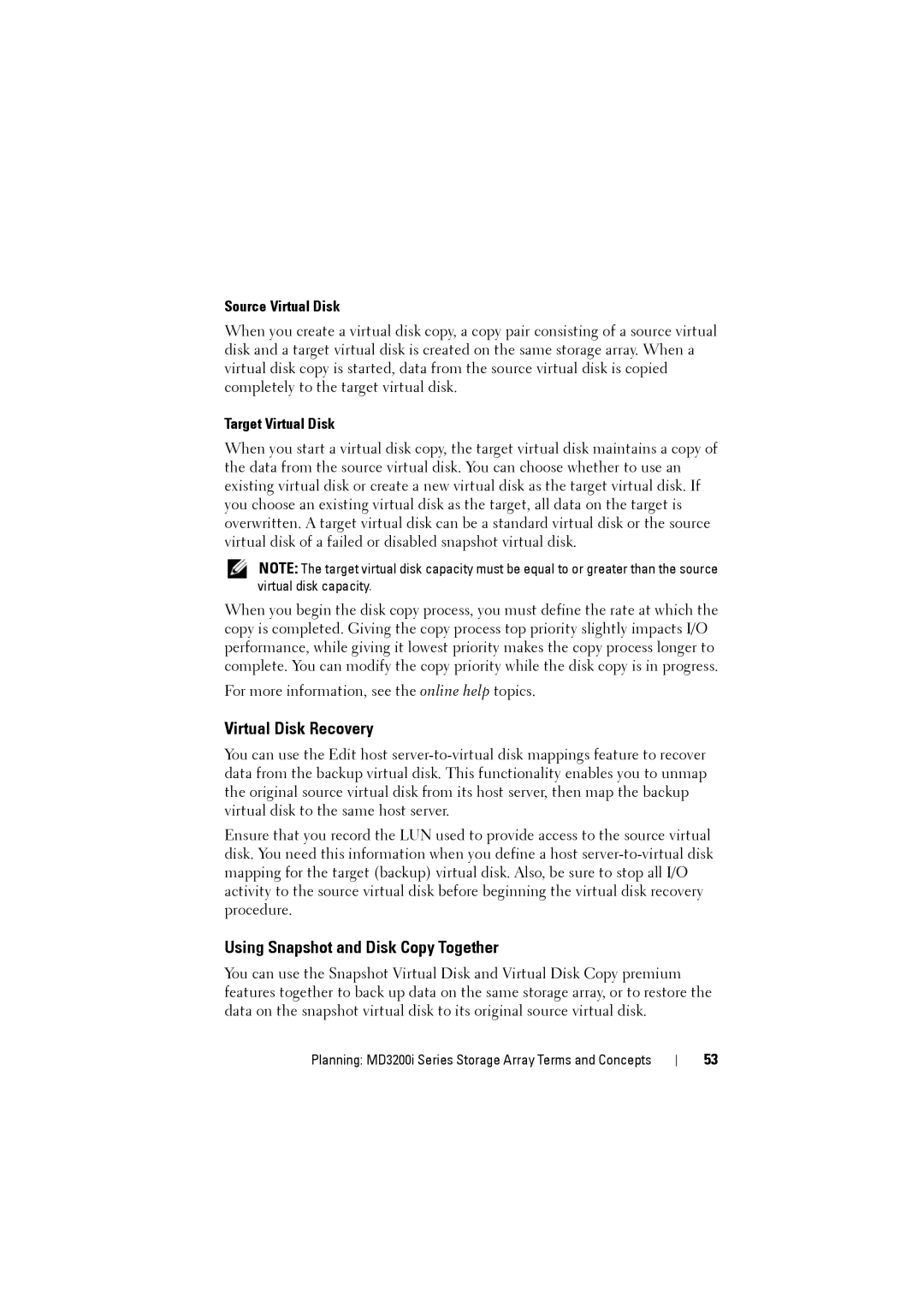Dell MD3200i Virtual Disk Recovery, Using Snapshot and Disk Copy Together, Source Virtual Disk, Target Virtual Disk 