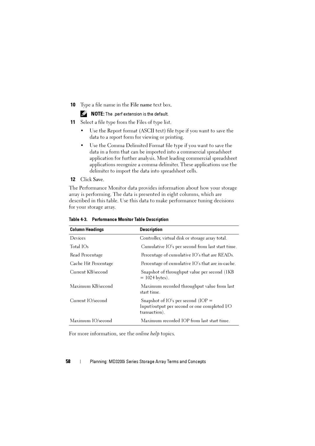 Dell MD3220i, MD3200i owner manual Performance Monitor Table Description Column Headings 