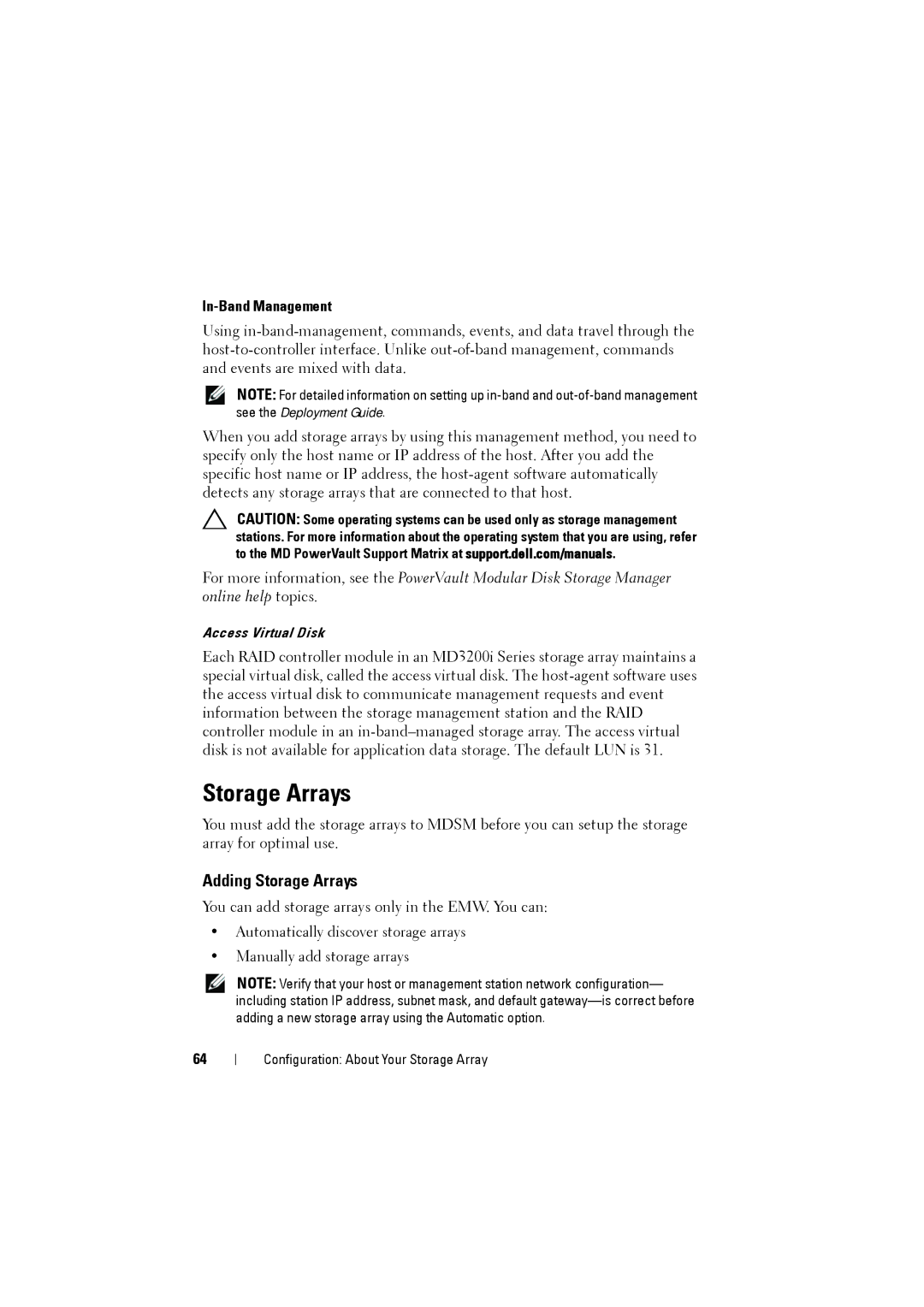 Dell MD3220i, MD3200i owner manual Adding Storage Arrays, In-Band Management 