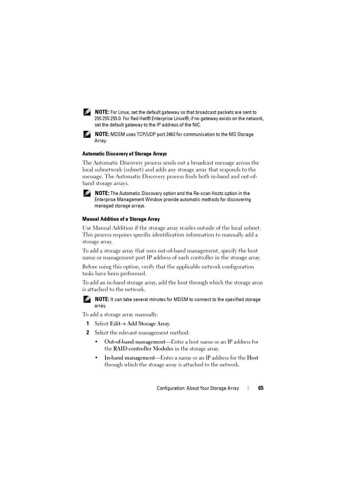 Dell MD3200i Automatic Discovery of Storage Arrays, Manual Addition of a Storage Array, Select Edit→ Add Storage Array 