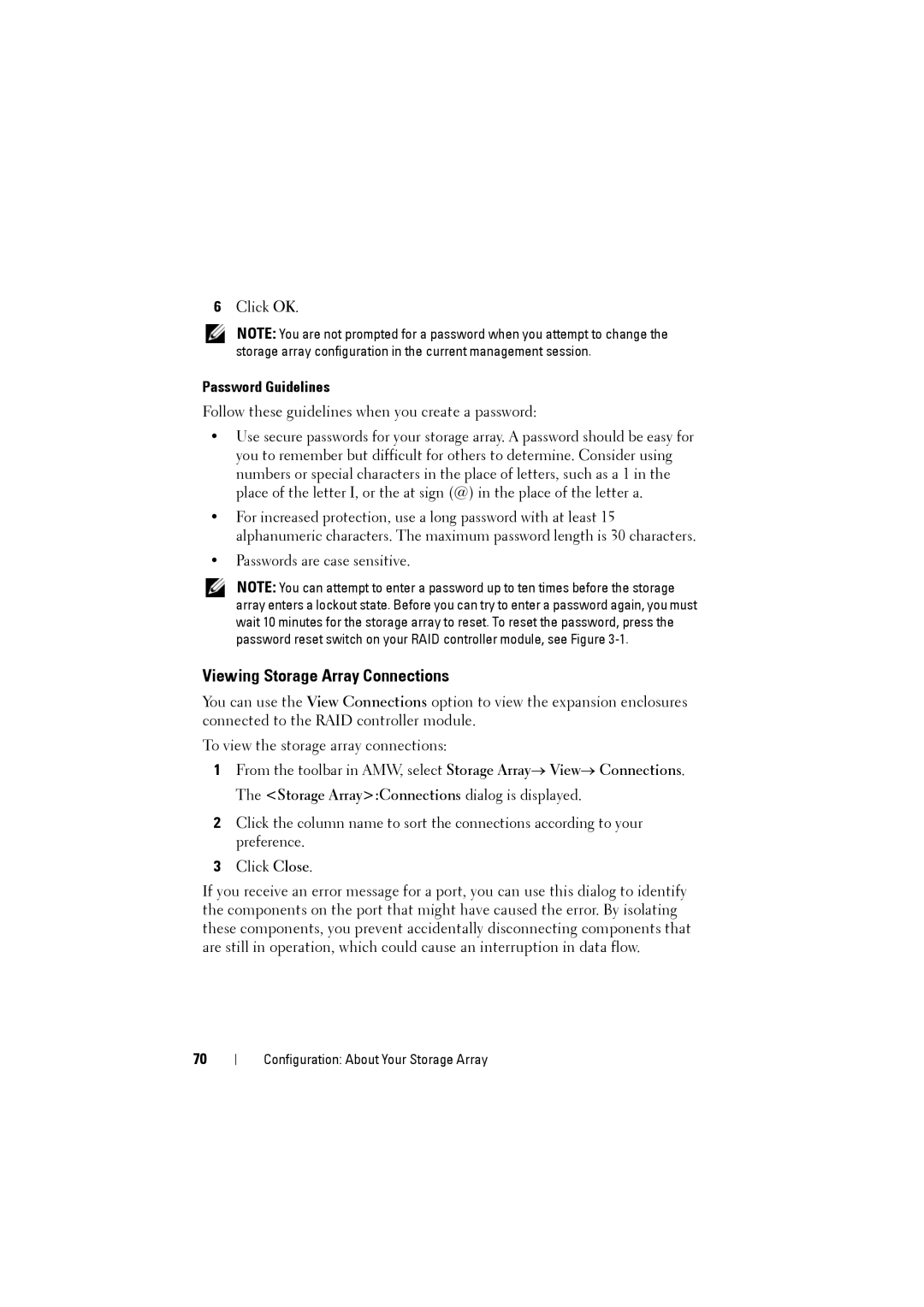 Dell MD3220i, MD3200i owner manual Viewing Storage Array Connections, Password Guidelines 