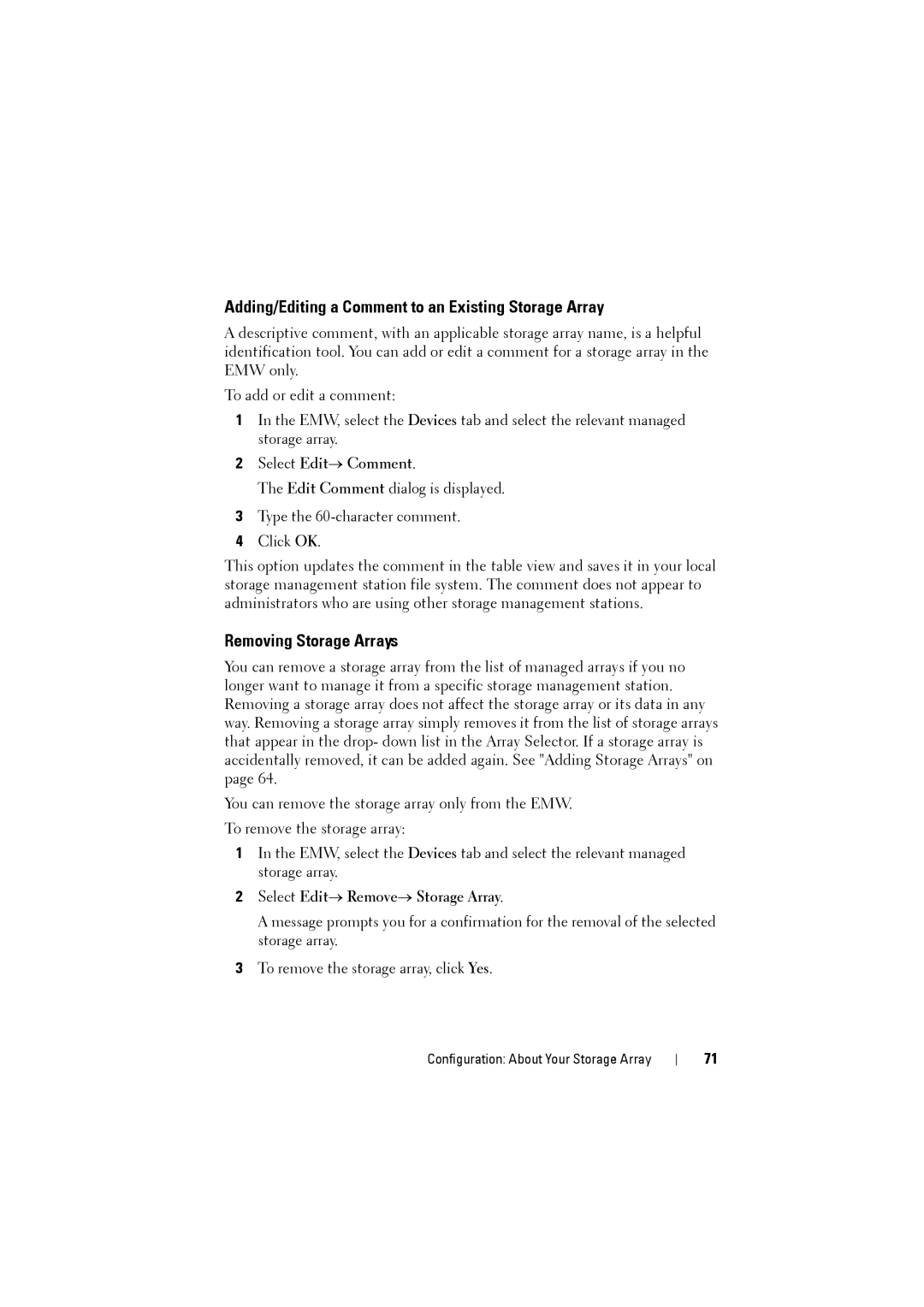 Dell MD3200i, MD3220i Adding/Editing a Comment to an Existing Storage Array, Removing Storage Arrays, Select Edit→ Comment 