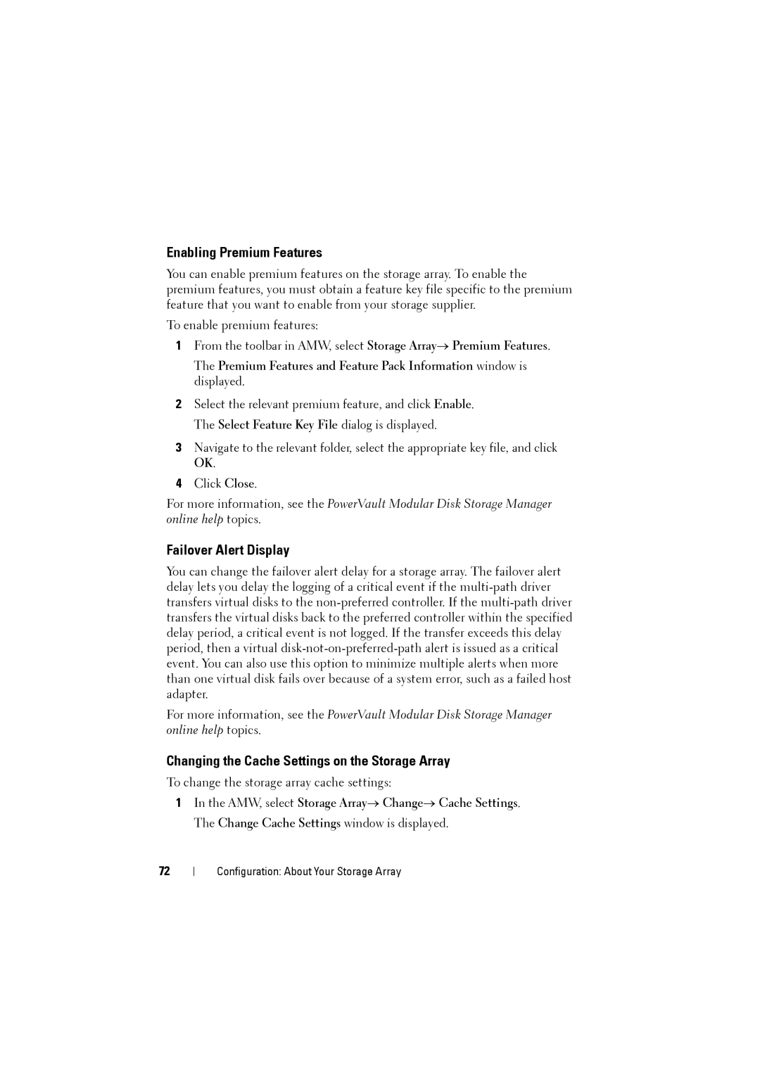 Dell MD3220i, MD3200i Enabling Premium Features, Failover Alert Display, Changing the Cache Settings on the Storage Array 