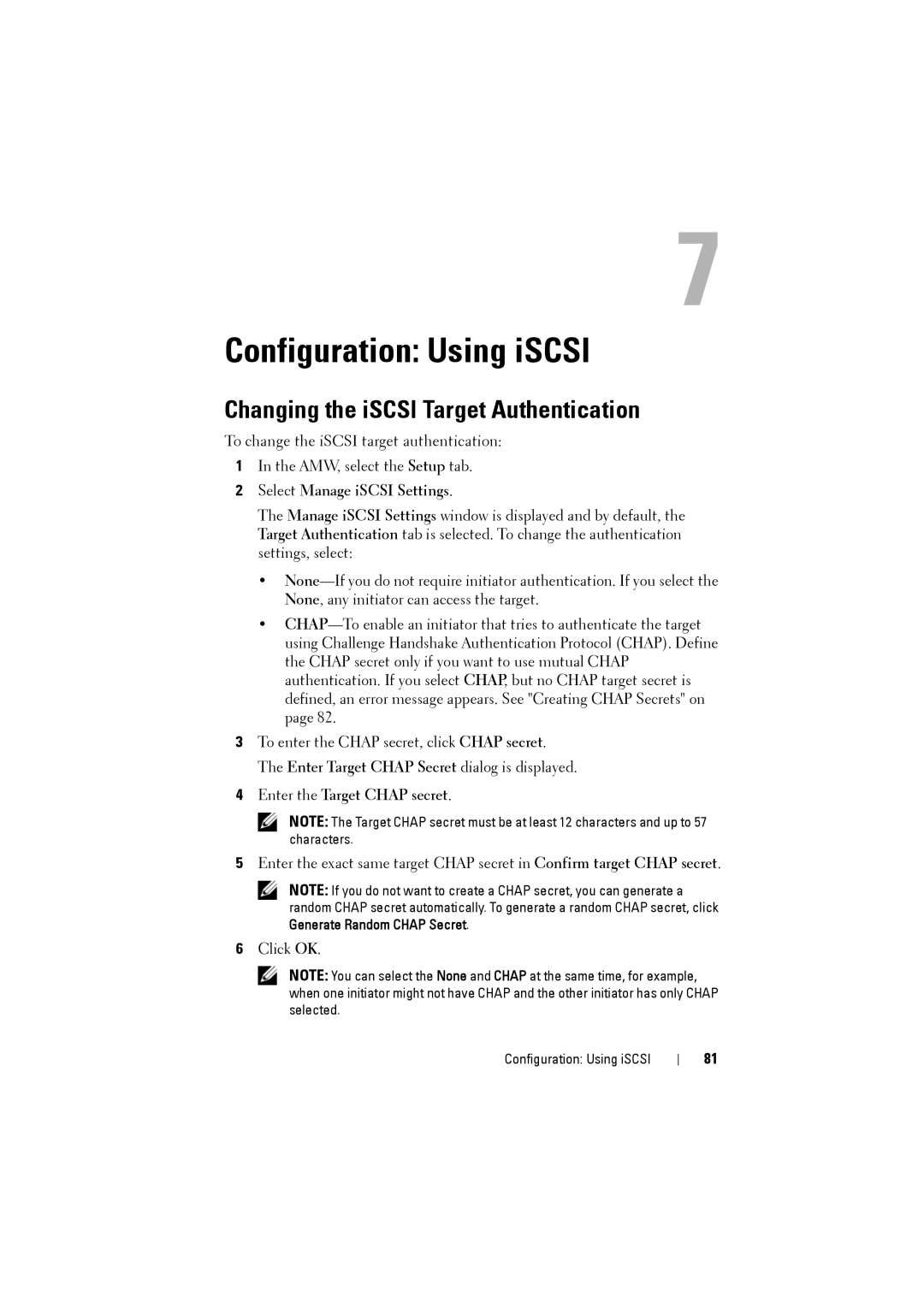 Dell MD3200i, MD3220i Configuration Using iSCSI, Changing the iSCSI Target Authentication, Select Manage iSCSI Settings 