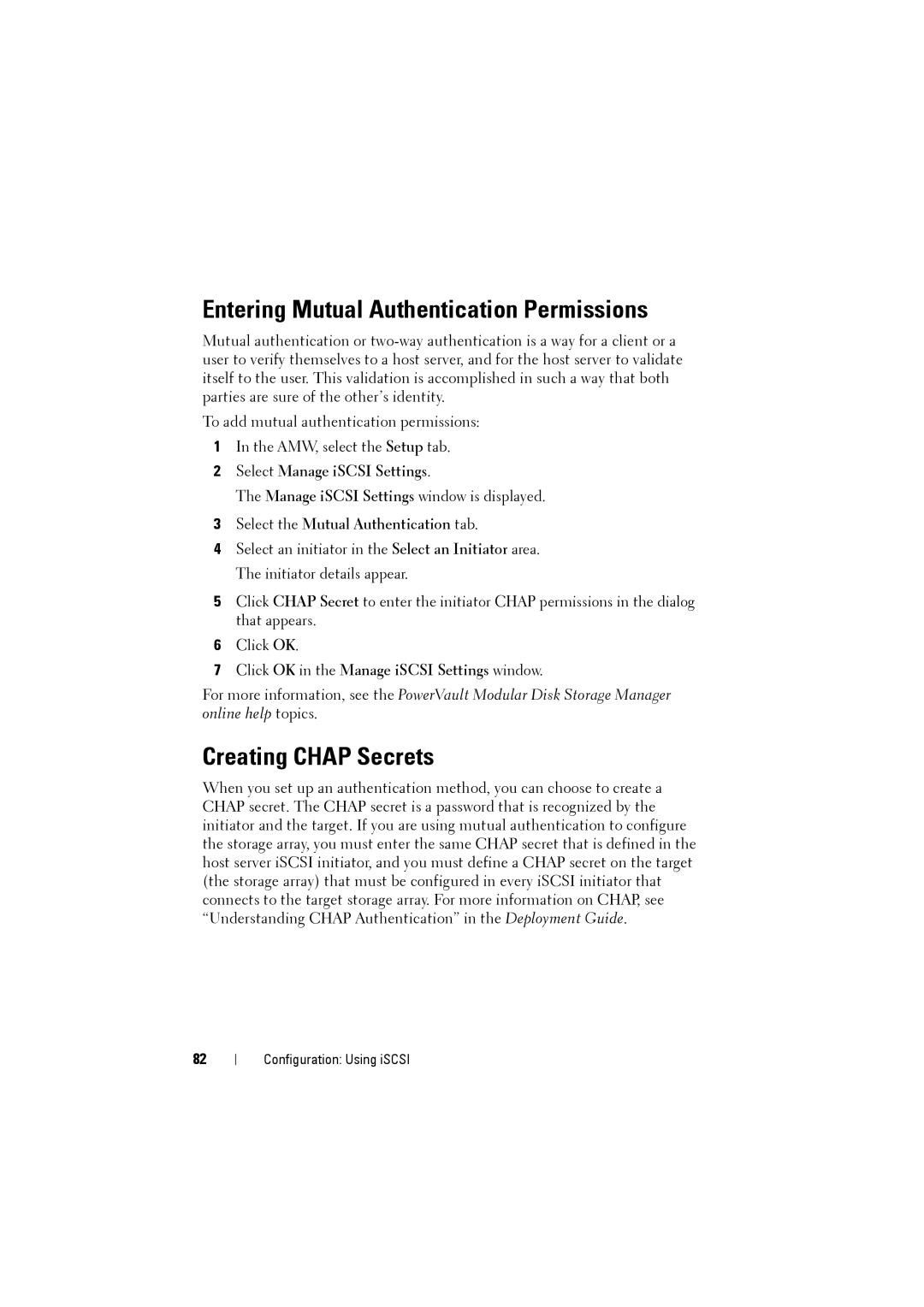 Dell MD3220i Entering Mutual Authentication Permissions, Creating Chap Secrets, Select the Mutual Authentication tab 